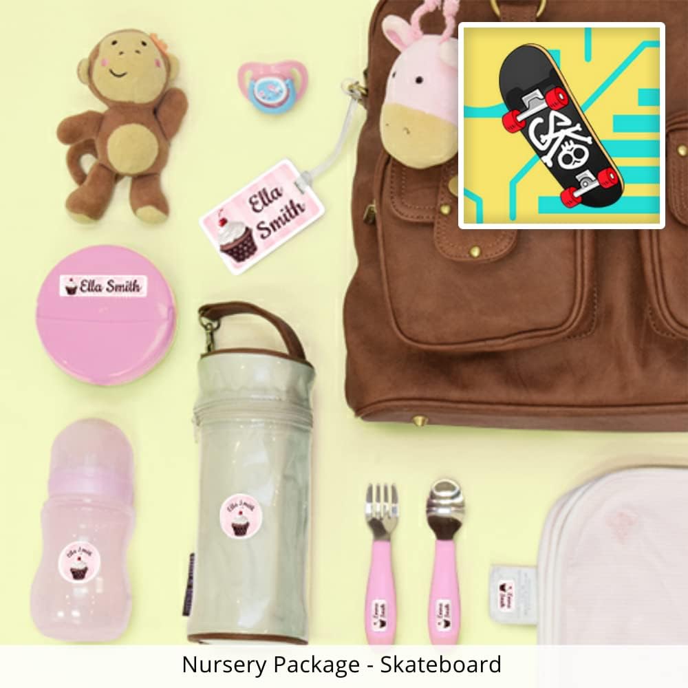 Nursery Package, 75 Durable Personalized Name Labels & Tags (Skateboard)