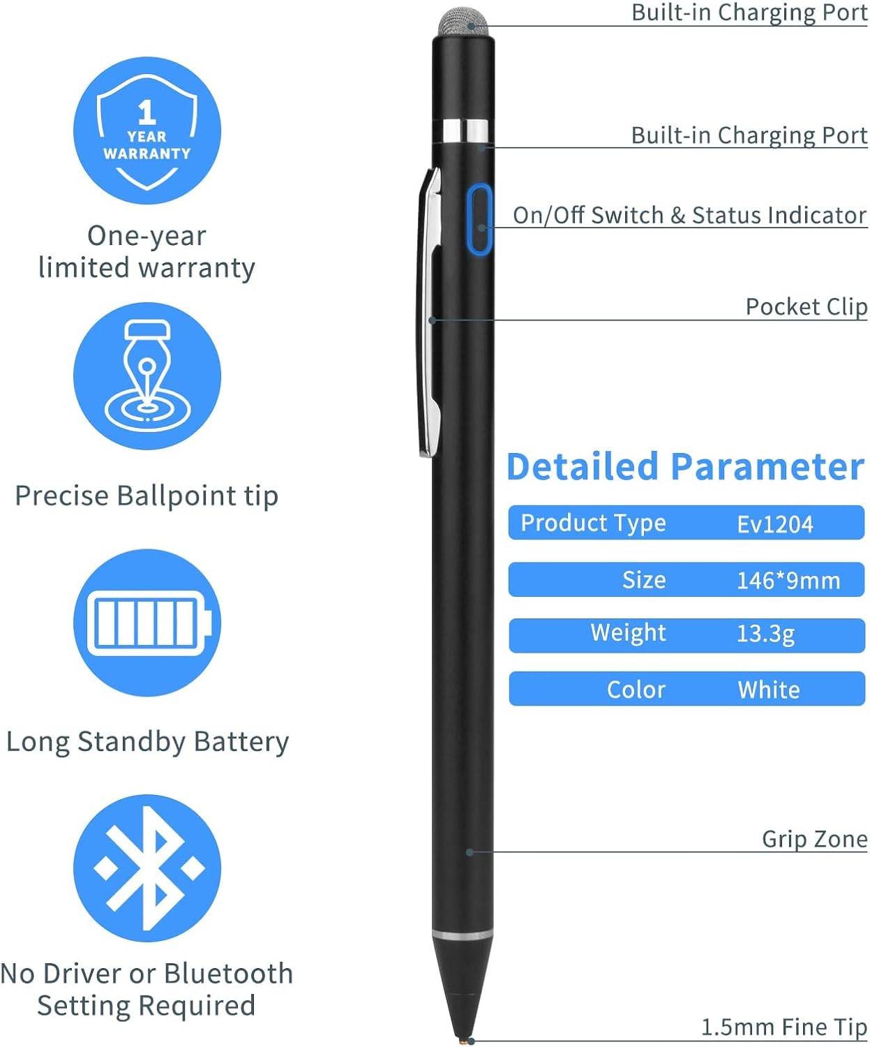 Stylus for Samsung Galaxy Tab A 10.1/10.5/8 Inch 2022 Pencil, EVACH Rechargeable Digital Pencil with 1.5mm Ultra Fine Tip Stylist Pens for Samsung Galaxy Tab A 10.1/10.5/8 Inch 2022,Black