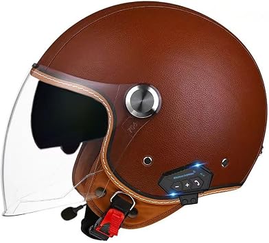 Double Visor Bluetooth 3/4 Motorcycle Half Helmet for Adult Men Women, Built-in Dual Speaker Leather Open Face Helmet for Moped Cruiser ATV Chopper Scooter, DOT Approved