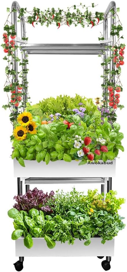 2-Tier Hydroponics Growing System for Tall & Climbing Plants, Awokabud Planters for Flowers and Plants,Indoor Herb Garden Kit with Adjustable LED Grow Light, Automatic Water Circulation-32 Pods