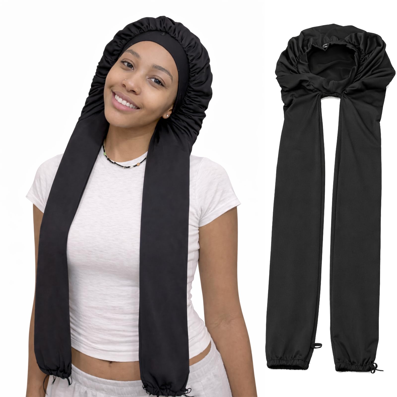 HZHSSG Bonnet for Sleeping Women, 2 in 1 Long Hair Bonnets for Sleeping Breathable Sleep Cap for Braids Long Curly Hair Black