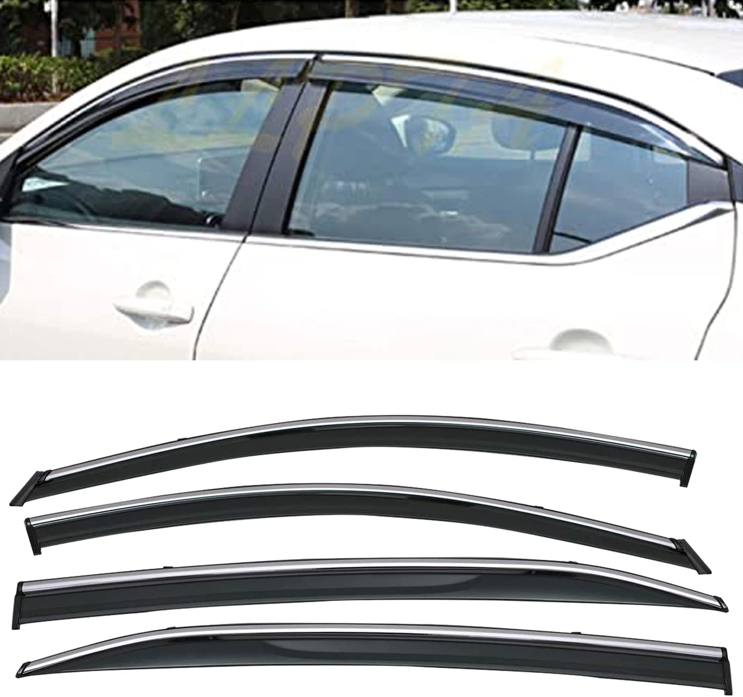 Window Visors Compatible with 20-22 Sentra 4pcs Smoke Tint with Chrome Trim Outside Mount Tape On/Clip On Style PVC Sun Rain Guard Vent