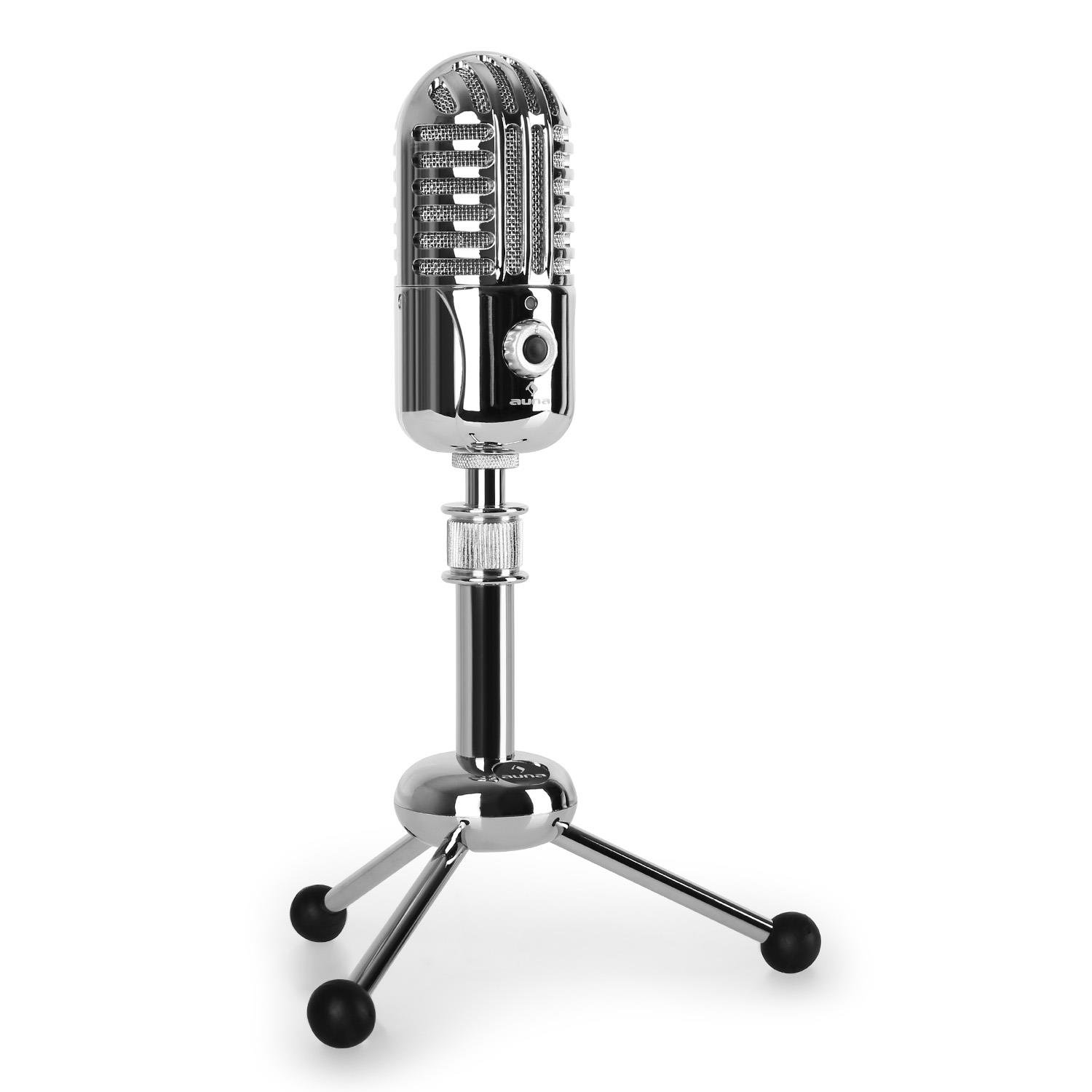 Front view of the AUNA CM280 USB Condenser Microphone mounted on its table tripod, showcasing its chrome finish and controls.