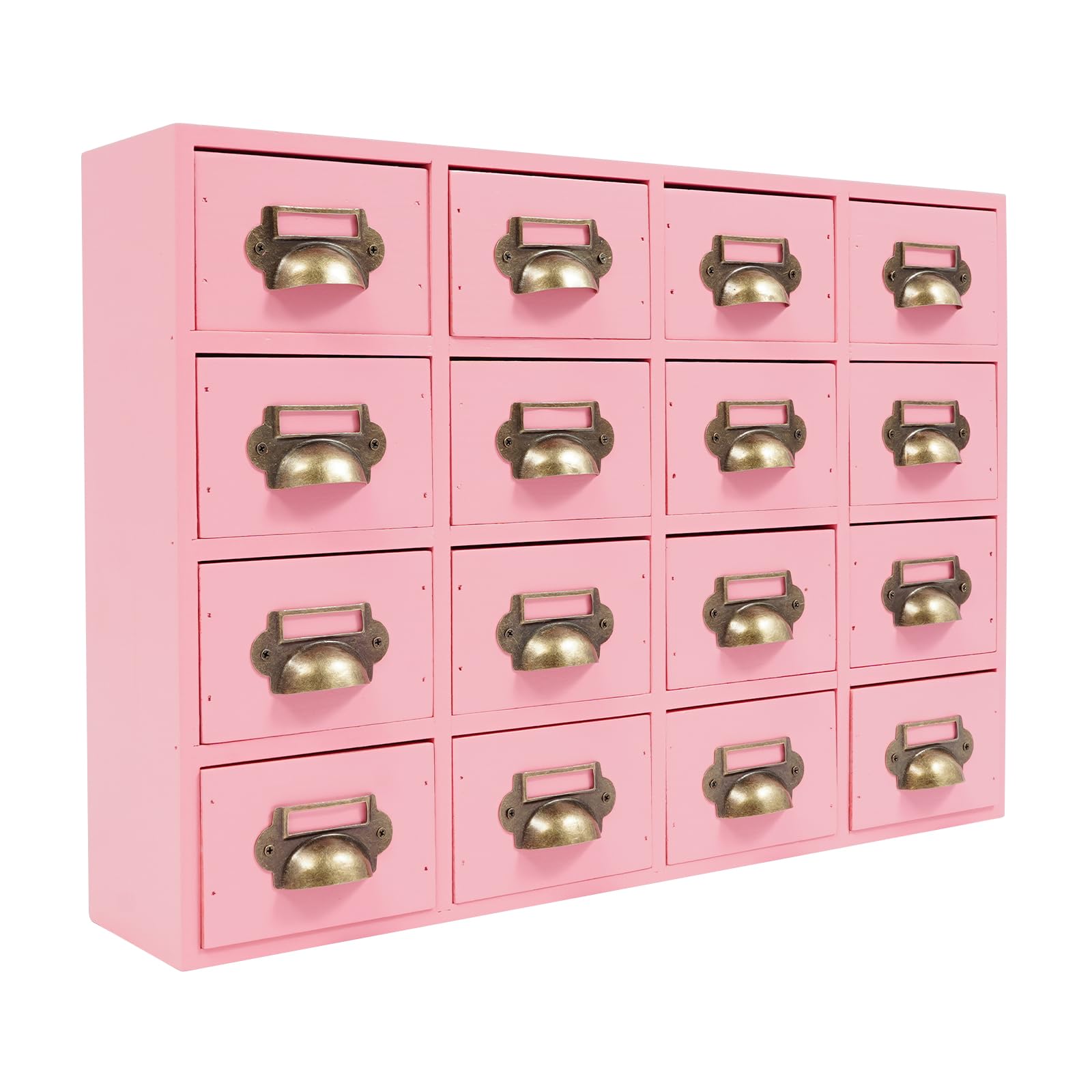 Holz Apothekerschrank 16 Schubladen, 4 X 4 Stufige Schubladenbox | Vintage Aufbewahrungsschrank SchubladenOrganizer, Kommode Für Kräuter, Gewürze und Büro-Organisation, 52x36x11cm (Rosa)