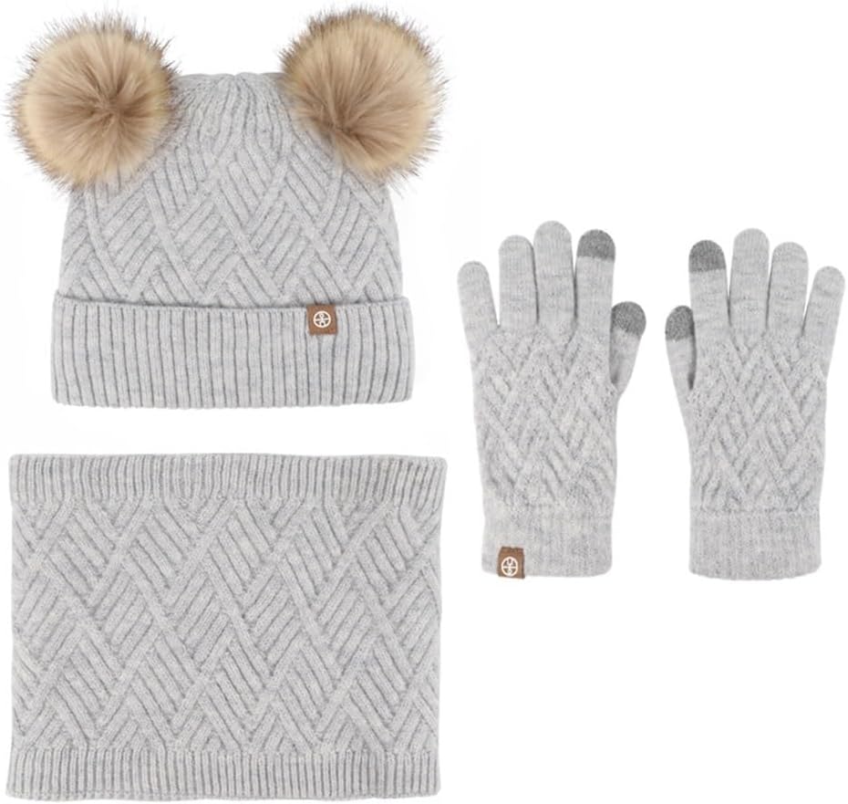 3Pcs Kids Winter Knit Hat Scarf Gloves Set Neck Warmer for 2-8 Years Old Boys Girls Kids Hat and Gloves Set(Grey)
