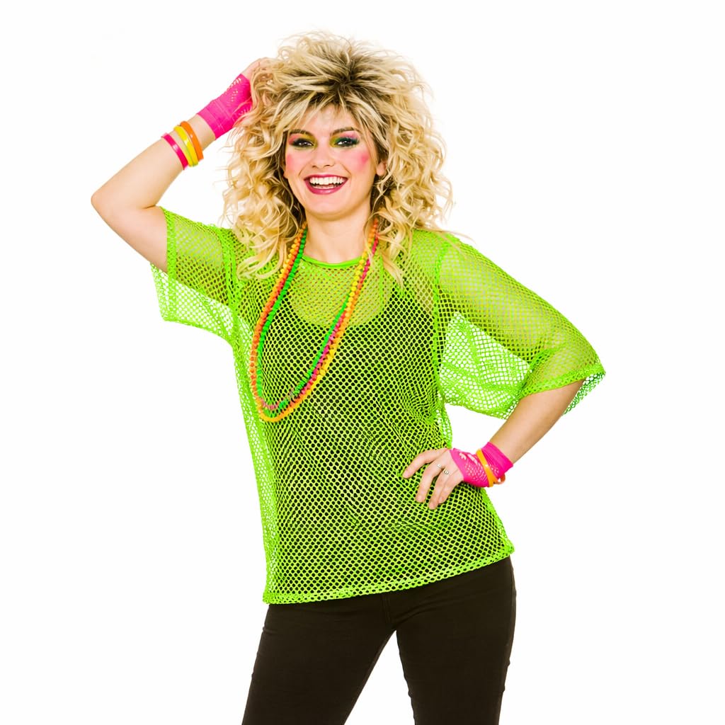 Wicked Costumes Adult Unisex 80s Mesh Top Fancy Dress – Neon Green Fishnet Shirt Retro Disco Party Festival Outfit- One Size (UK 6-10)