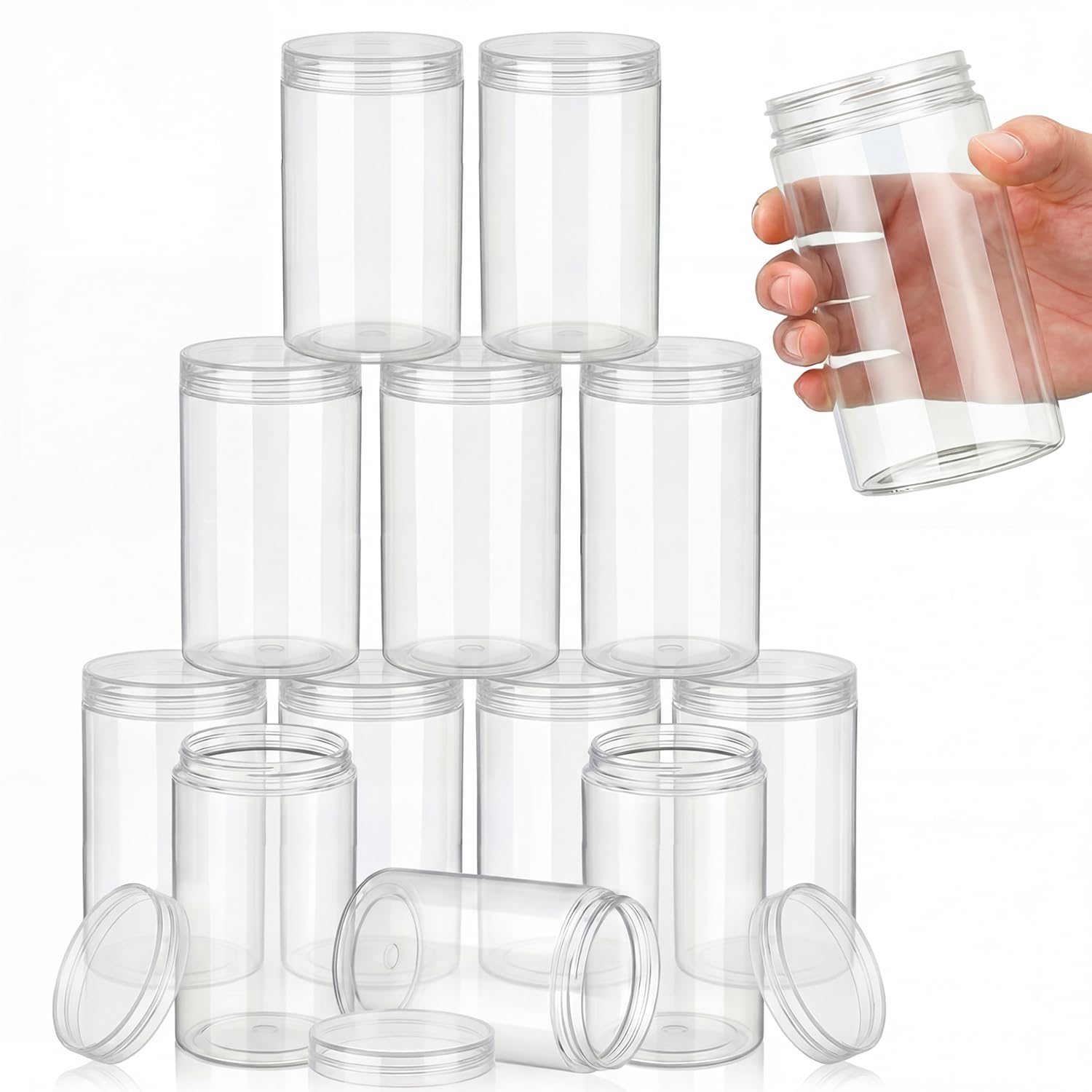 SATINIOR 12 Pack 32 oz Plastic Container Jars with Lids Round Clear Travel Cosmetic Container Slime Jars for Toiletries, Lotion, Cream, Ointments, Makeup, Rhinestone, Samples, Kitchen Storage(Clear)