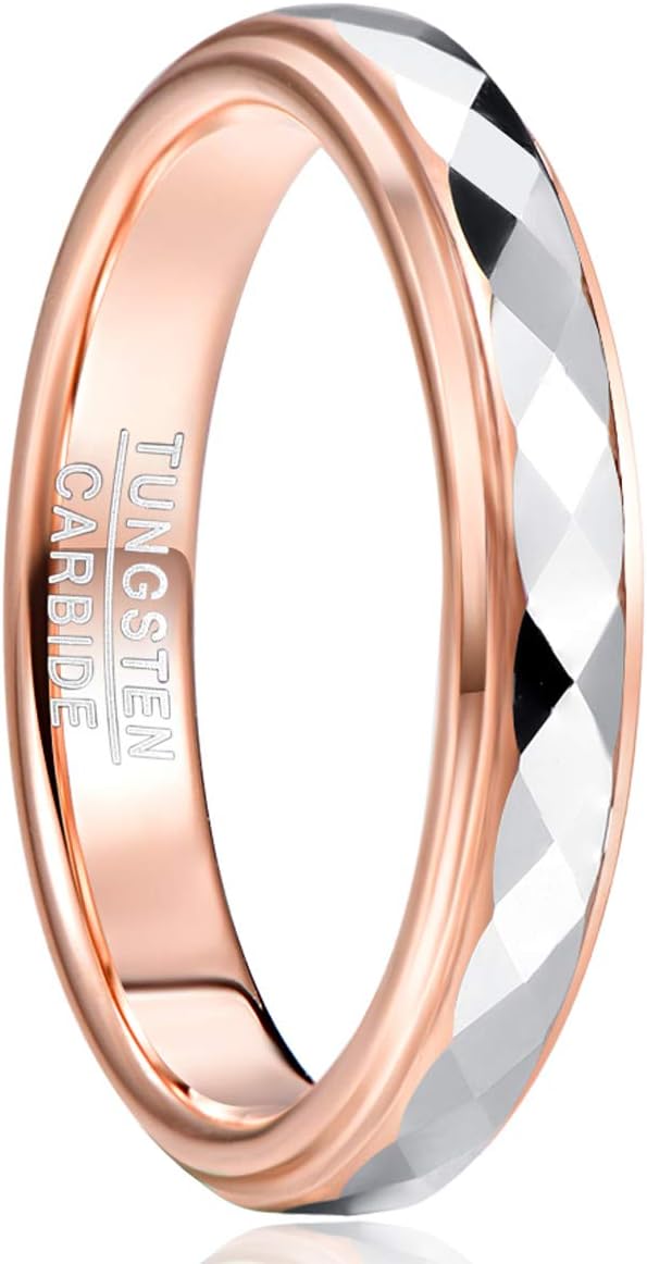 4mm Tungsten Rings for Women Rose Gold/Gold/Gunmetal/Silver Faceted Wedding Band Two Tone Ring with Step Edge Comfort Fit Size 5-10