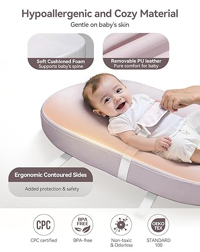 Miniatura 3 de COMOMY Baby Changing Pad with Wipeable & Waterproof PU Cover, Contoured Diaper Changing Pad for Dresser with Non-Slip Safety Belt, Portable and
