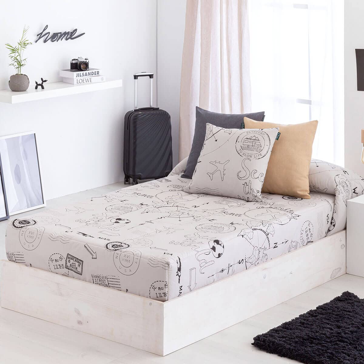 Edredón Ajustable para dormitorios Juveniles e Infantiles, Camas Nido y literas, Muy cómodo y fácil de Utilizar. Medida para Cama de 105 Modelo Estampado Viaje