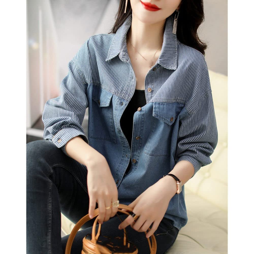 Bluse Damen Elegant，Damen Denim Hemdjacke Lässig Modern Gestreift Patchwork Tunika Hemd Jeanshemd V-Ausschnitt Revers Businesshemd Langarm Knopf Übergangsjacke für Mädchen