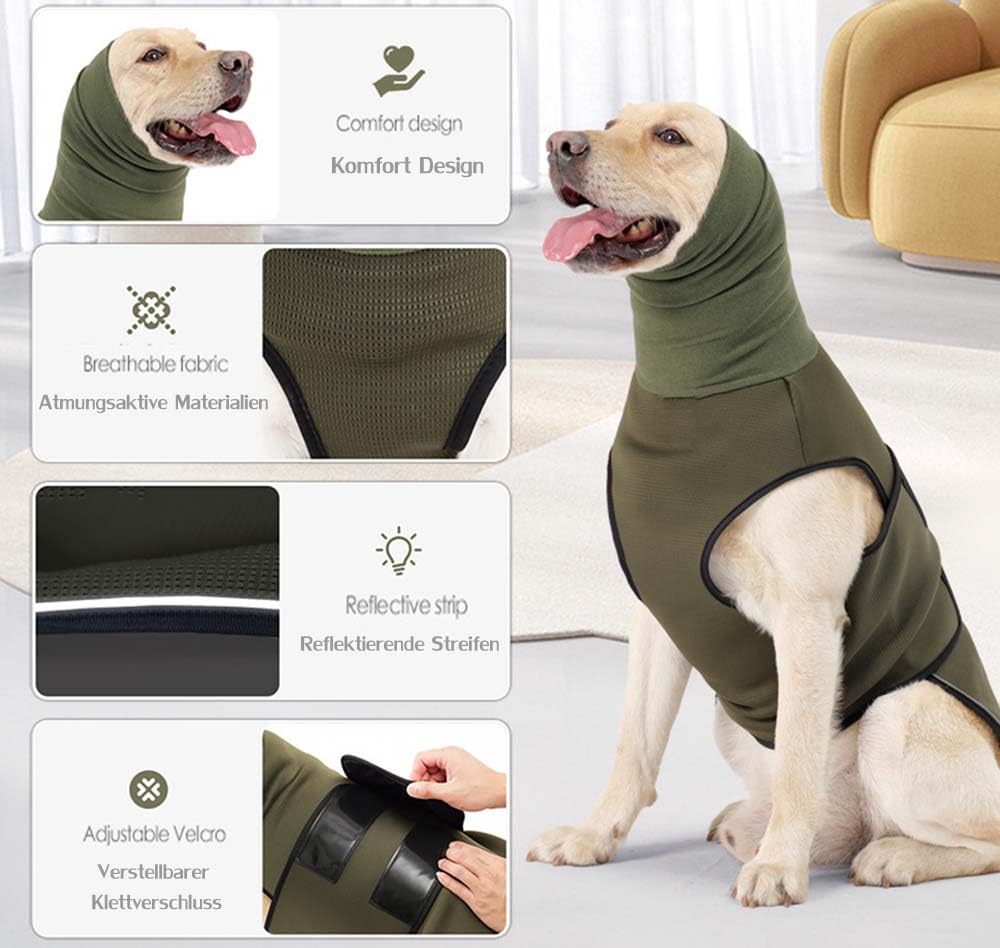 Cappotto per cani per alleviare l'ansia del cane, protezioni per le orecchie, calmante, giacca per cani con strisce riflettenti, dolcevita calmante per cani, per fuochi d'artificio, viaggi e