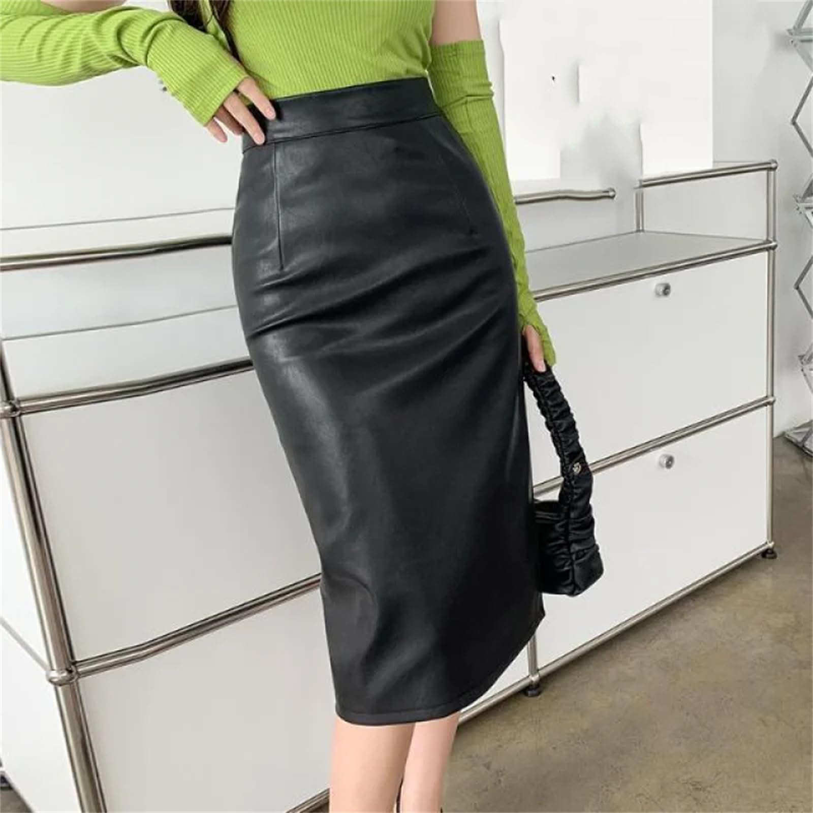 Nero Faux PU Donne Wrap Gonne Vita Alta Midi Gonna Signore Sottile Tubino Gonne