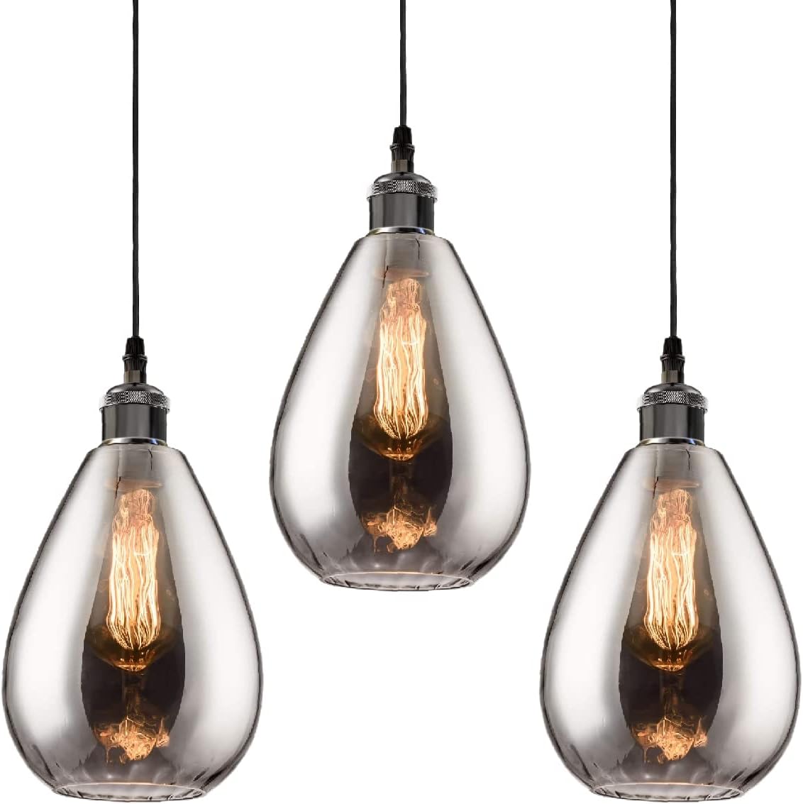 3 Packs Industrial Glass Pendant Lights for Kitchen Island, Modern Teardrop Chrome Mirror Effect Lighting Fixture Edison Hanging Light for Farmhouse Bar Area Over Sink Dining Room (Bulb Not Included)