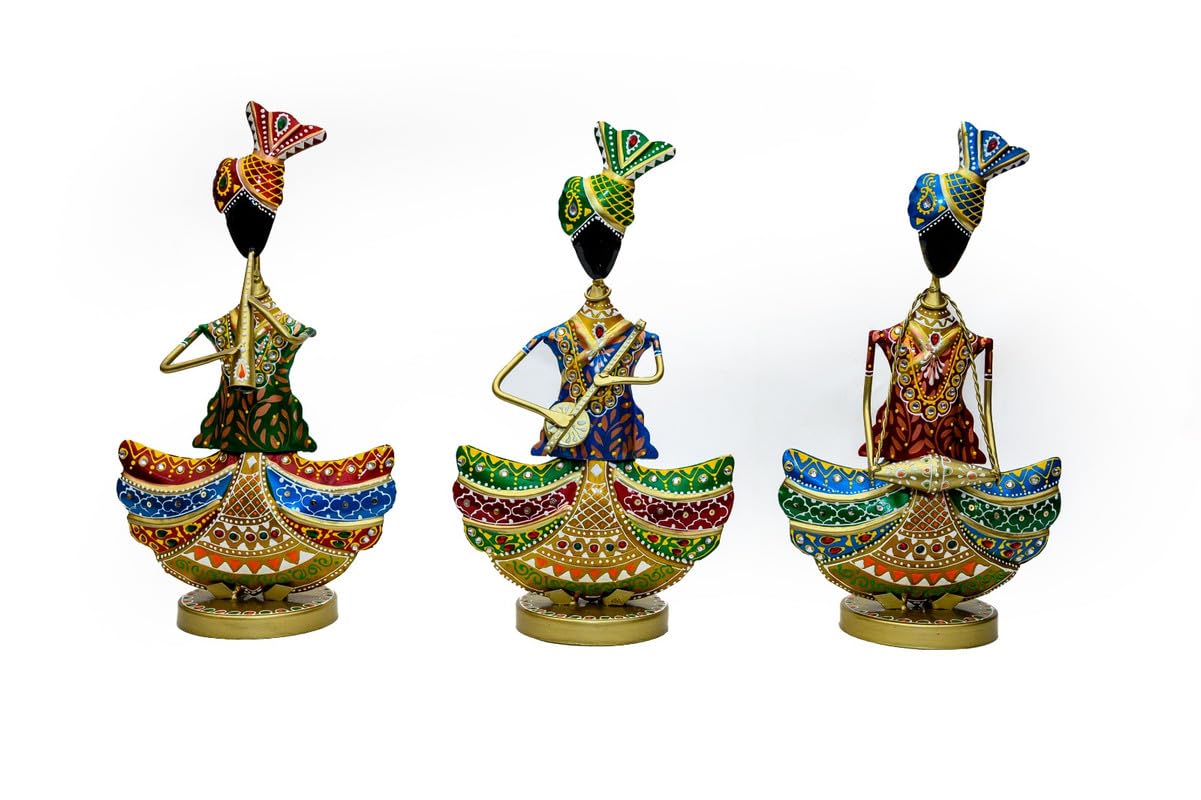 Suncity Creation Metal Multicolor Rajasthani Musical Sitting Sardar Set of 3 | Home/Office Décor