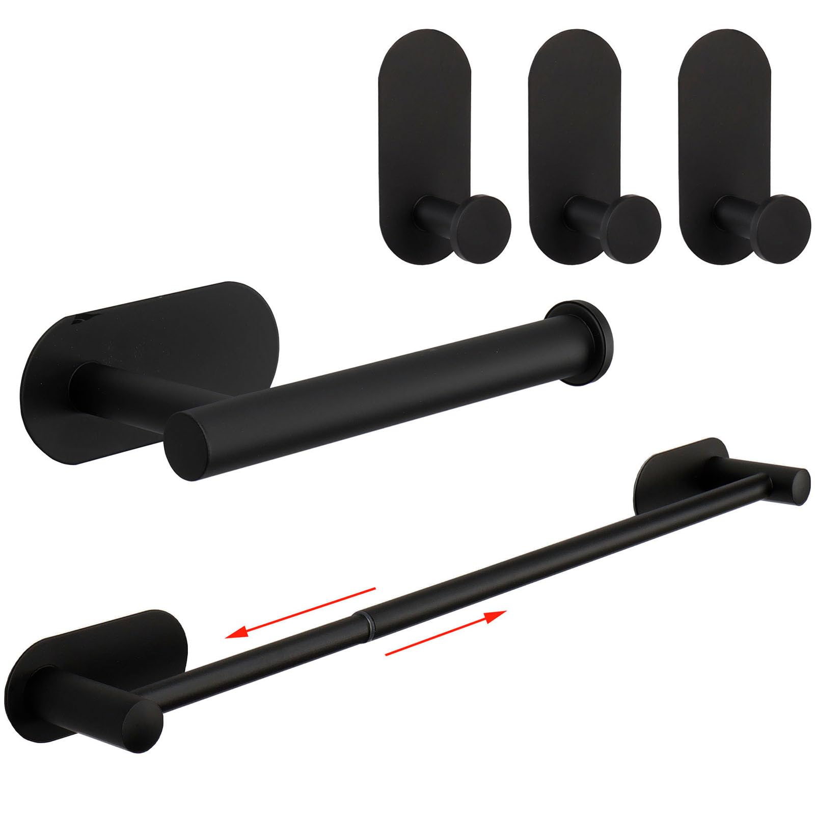 TocTen 5 Pieces Self Adhesive Towel Bar Set, Stainless Steel Bathroom Hardware Set Include Adjustable Towel Rack, Toilet Paper Holder, 3 Towel Hook, No Drill Bathroom Accessory Kit(Matte Black,24IN)