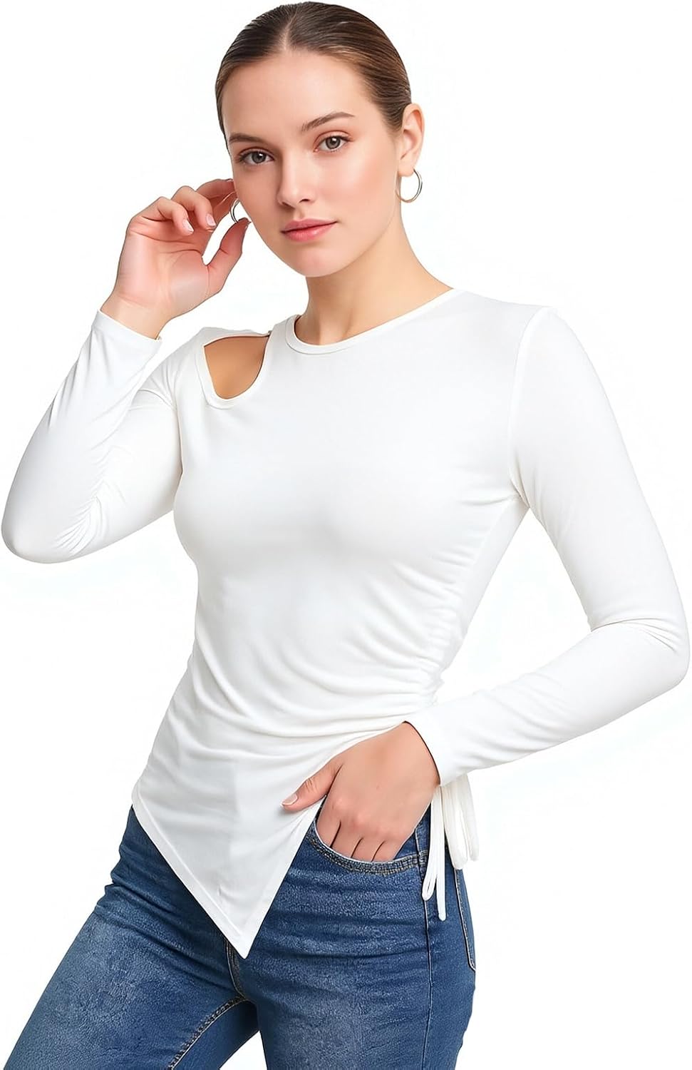 Women's Asymmetrical Drawstring Ruched Top Long Sleeve Cutout Slim Fitted Shirts Y2k Going Out Tunic Top - Image 2