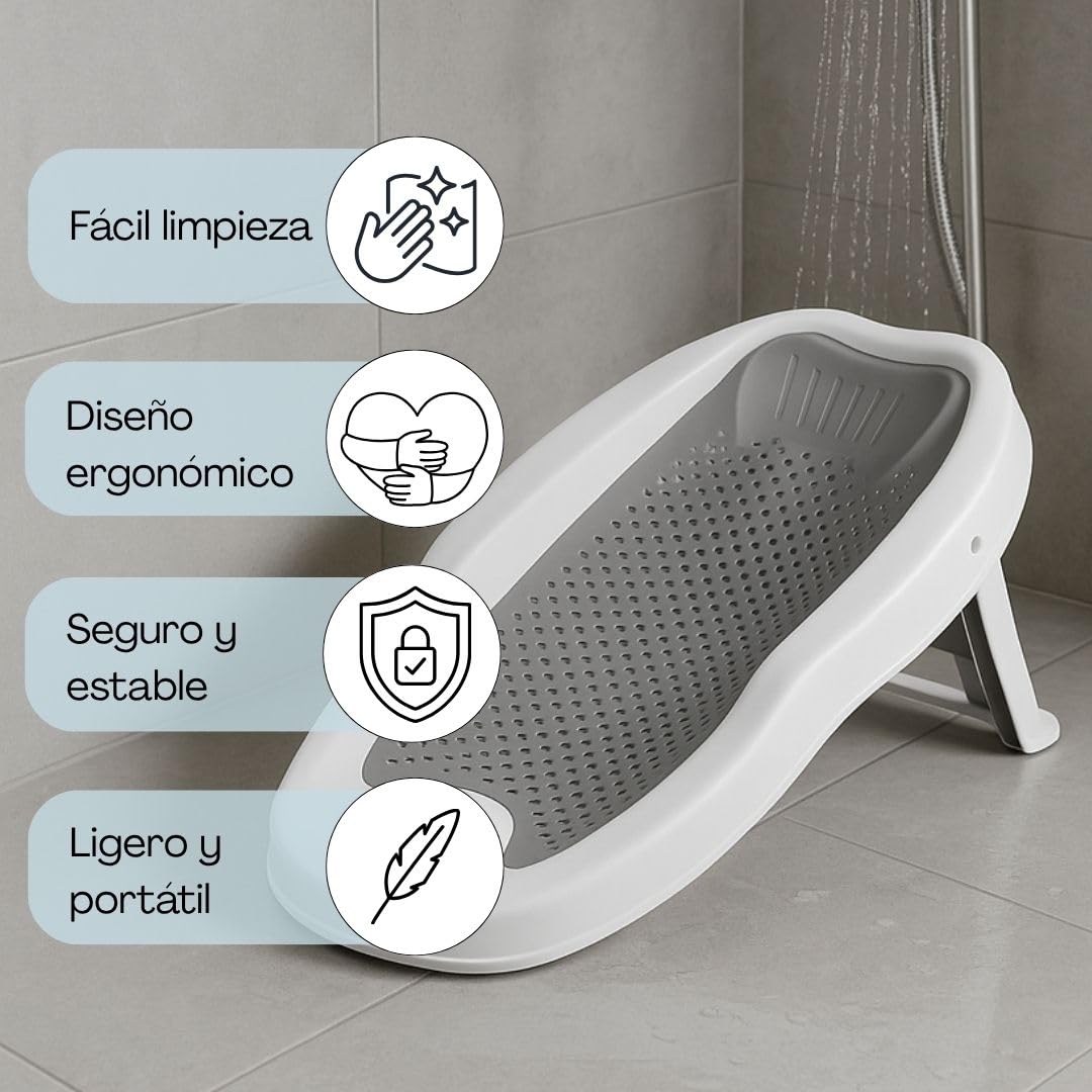 Cojín de Baño para Bebé Recién Nacidos | Almohada Flotante y Antideslizante | Apoyo Ergonómico para la Bañera | Suave, Seguro y Fácil de Secar (Gris)