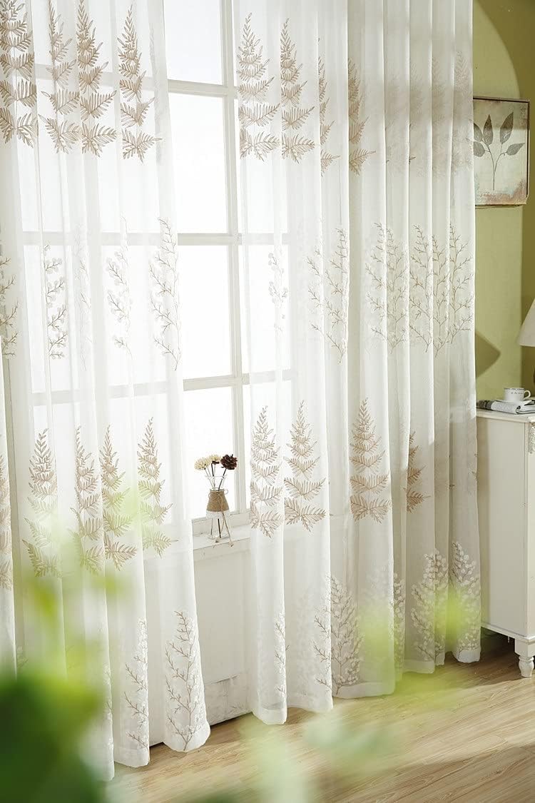 HooHero White Modern Style Pine Tree Pattern Embroidered Semi Sheer Curtains Home Decoration Rod Pocket Top Style for Kids Nursery Room Bedroom