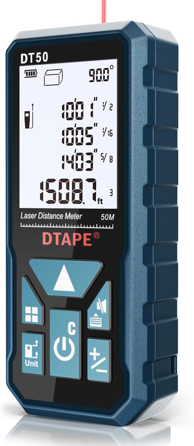 Laser Measure, DTAPE 165 Ft Digital Laser Distance Meter, Upgraded High-Accuracy Laser Measuring Tool, Electronic Tape Measure, 2" Backlit LCD Display, Area/Volume/Indirect Measurement, in/Ft/Ft+in/M