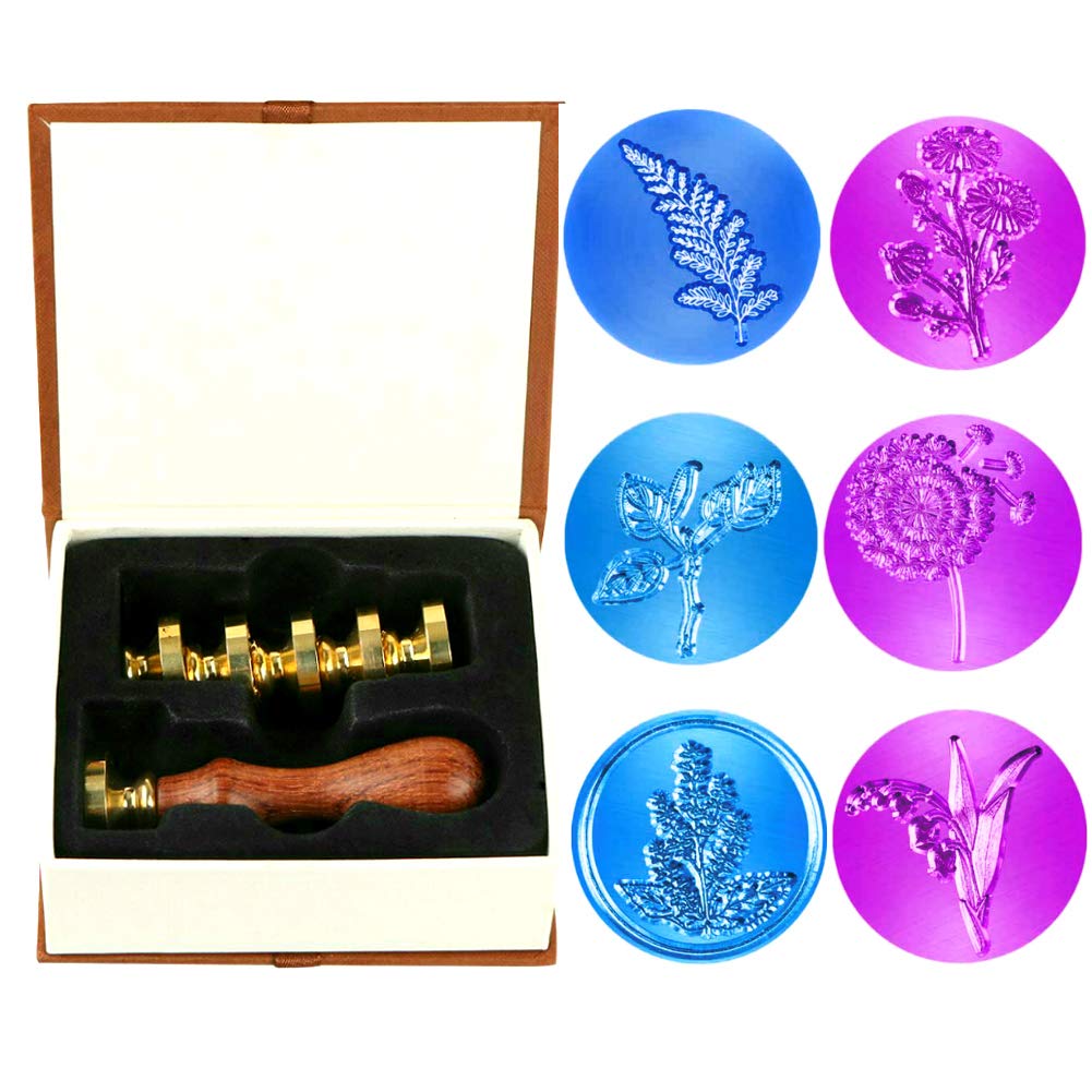 Botany Wax Seal Stamp Set, ONWISE 6 Pieces Flower Plants Heart Wax Sealing Stamp Kit Copper Wax Seals + 1 Piece Wooden Hilt, Retro Wax Sealing Stamp Kit (Flower Botanical Wax Stamp Kit, 6 Pcs)