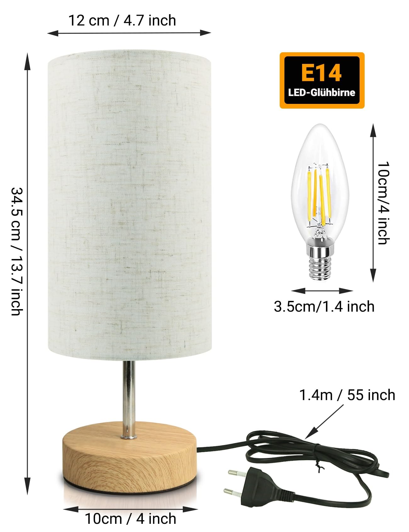 HSLighting Lampada da Comodino: 34.5cm Lampada da Tavolo Touch Dimmable Control Moderna Lampada da Tavolo a LED con Lampadine la Lettura Soggiorno Stanza dei Bambini Paralume in Tessuto per da Letto