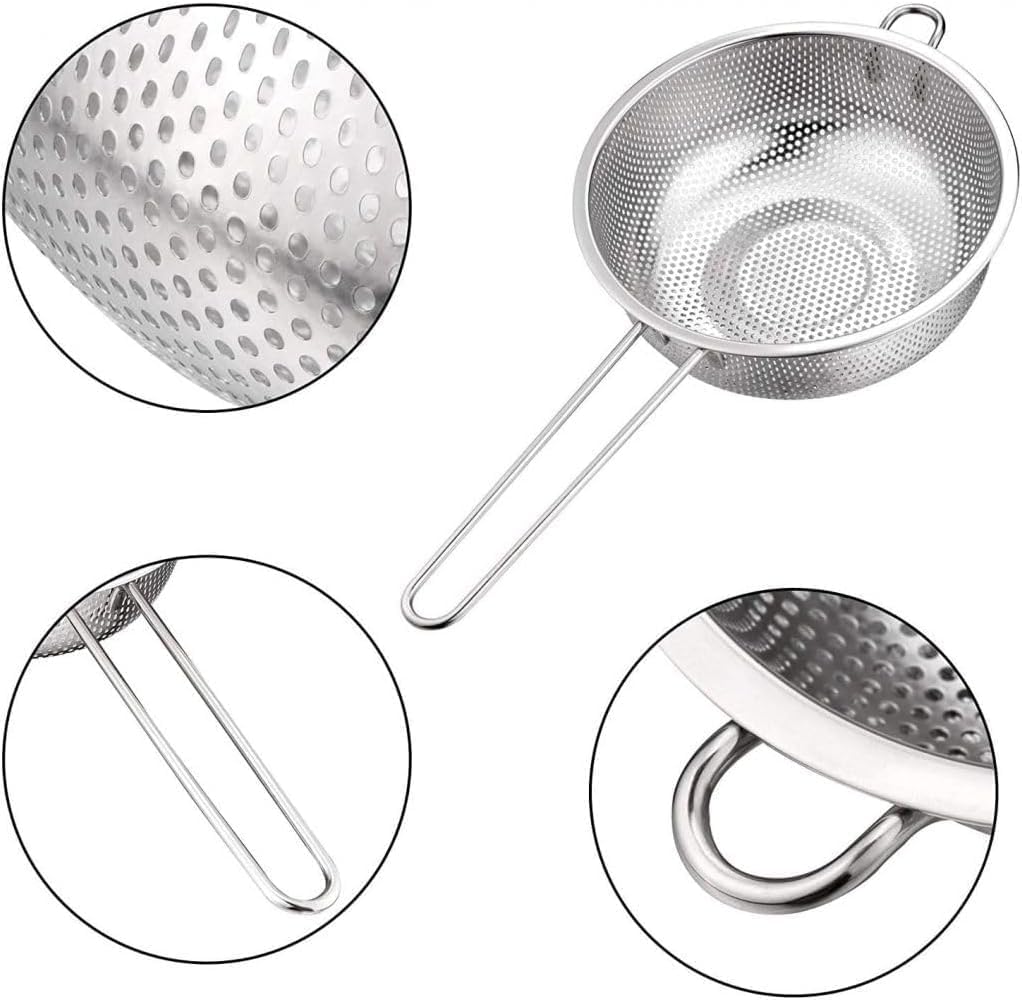 Colador de Cocina con Mango - Escurridor de Acero Inoxidable con Mango - Colador Arroz Microperforado - Escurridor Pasta - Acero Inoxidable - 16, 19 y 22 cm