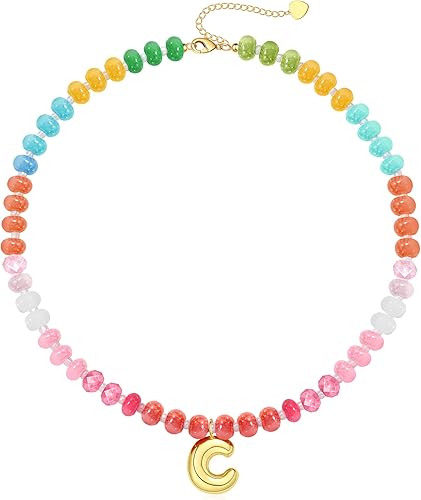 Initial Necklaces for Women, Beaded Necklaces for Women with Bubble Necklace Letter Stocking Stuffers for Teens Trendy Stuff Colorful Gemstone Choker 14k Gold Letter A-Z Pendant Summer Beach Christmas Birthday Jewelry for Her Girlfriend Sister