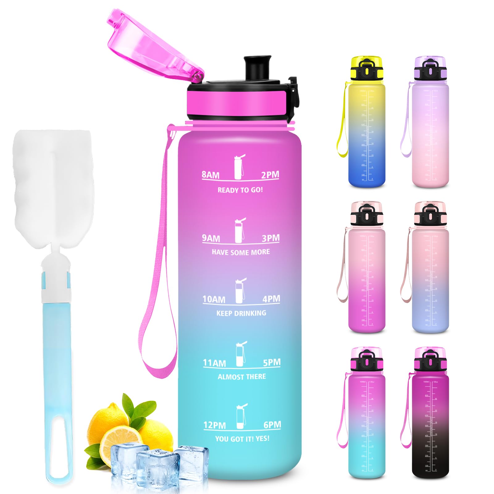 Mujigaga 1 Litre Water Bottle, Gym Water Bottle, Leak Free, Motivational Water Bottles, Easy to Clean, Sports Water Bottles, with Sponge Brush, Water Bottles for Camping, Hiking, Traveling