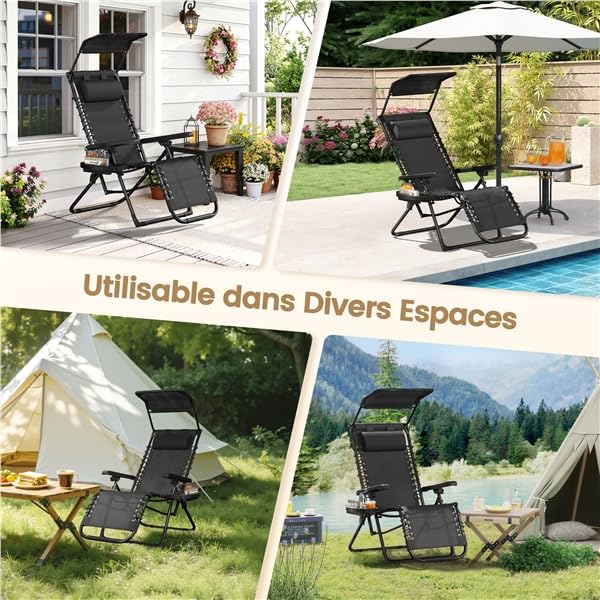 Yaheetech Chaise Longue avec Pare Soleil Bain de Soleil Pliable, avec Pare Soleil & Appuie-tête, Chaise Longue inclinable Transat de Plage Relax Camping Salon de Jardin Exterieur, Gris (1, Noir)