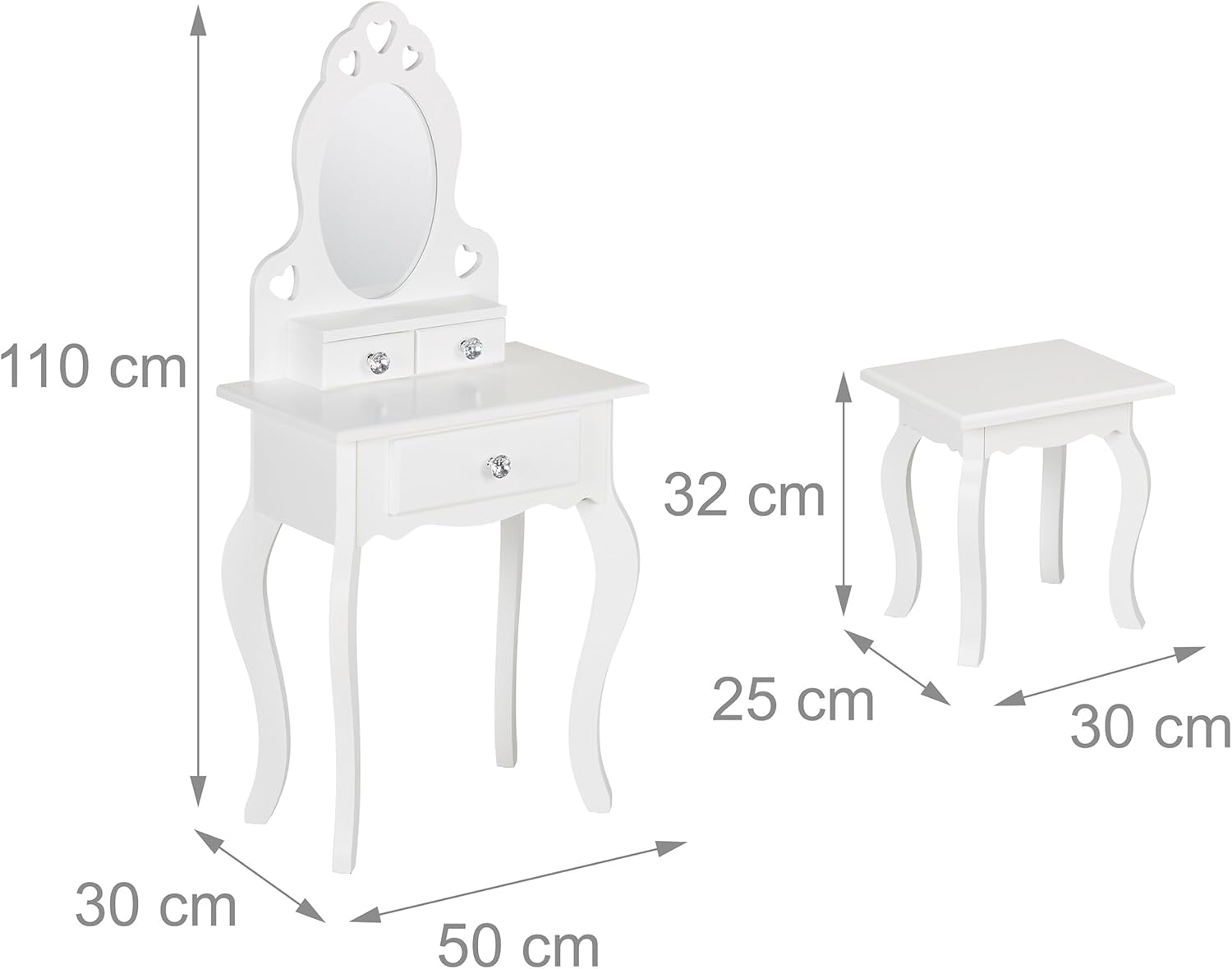 Relaxdays Children's Dressing Table, with Mirror & Stool, 110 x 50 x 30 cm, for Kids from 3 years, Vanity Dresser, White, Fibreboard