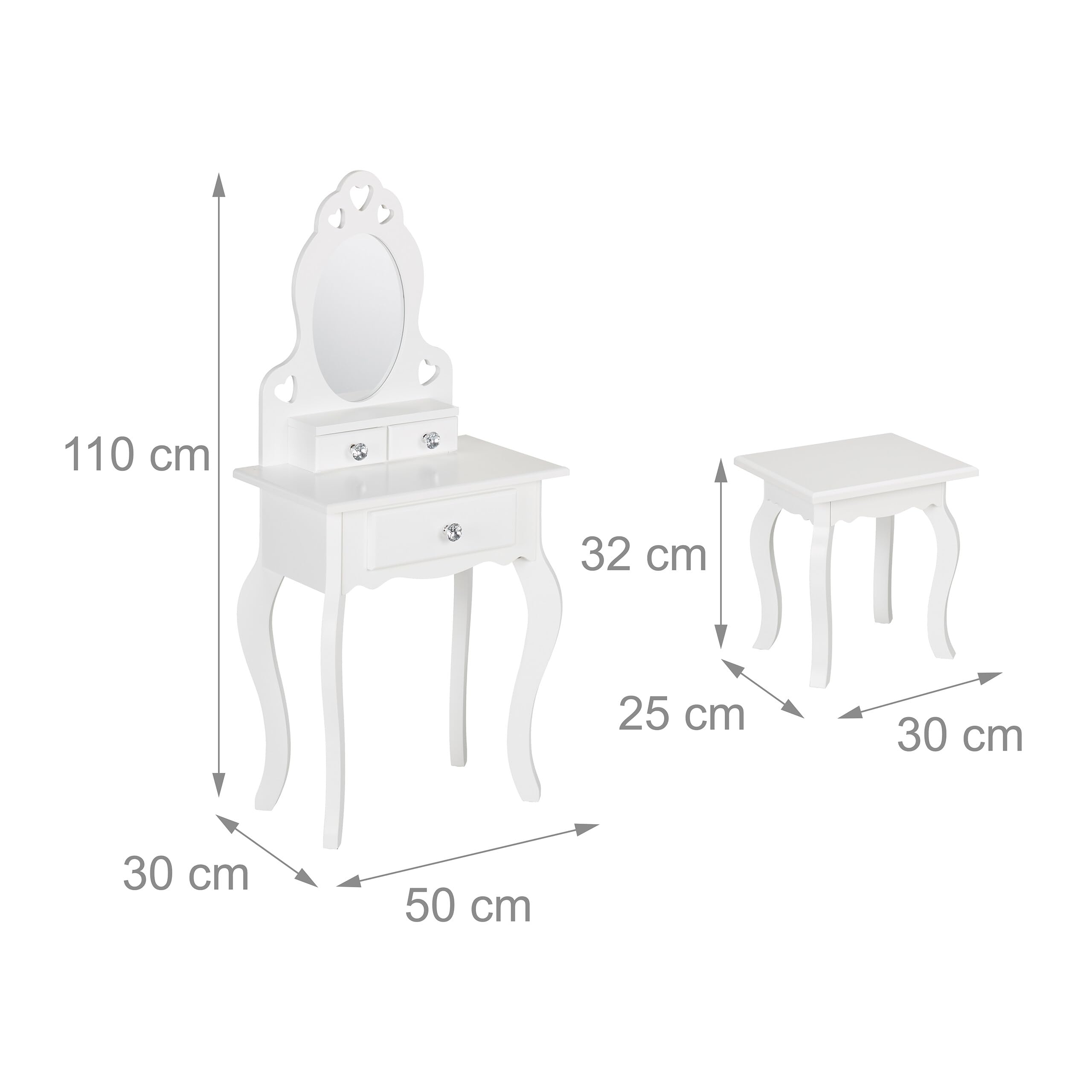 Relaxdays Toeletta Trucco Bambina, Tavolino con Specchio e Sgabello, HLP: 110 x 50 x 30 cm, a Partire dai 3 Anni, Bianco