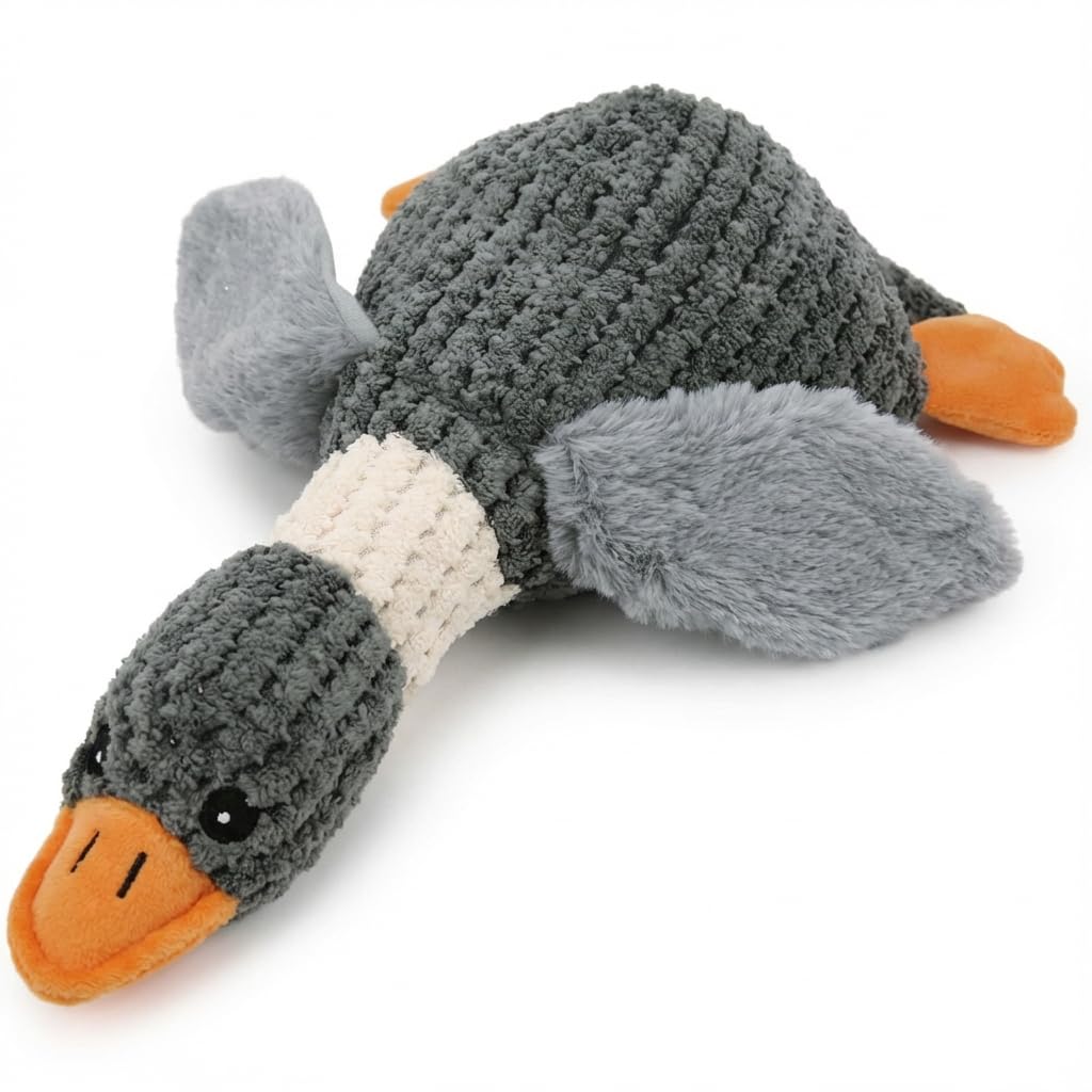 Inevitable Waffle Style Duck Dog Toy, Plush Squeaker Toy with Soft Ears and Feet, 32x8x11cm, Polyester Material (Grey)