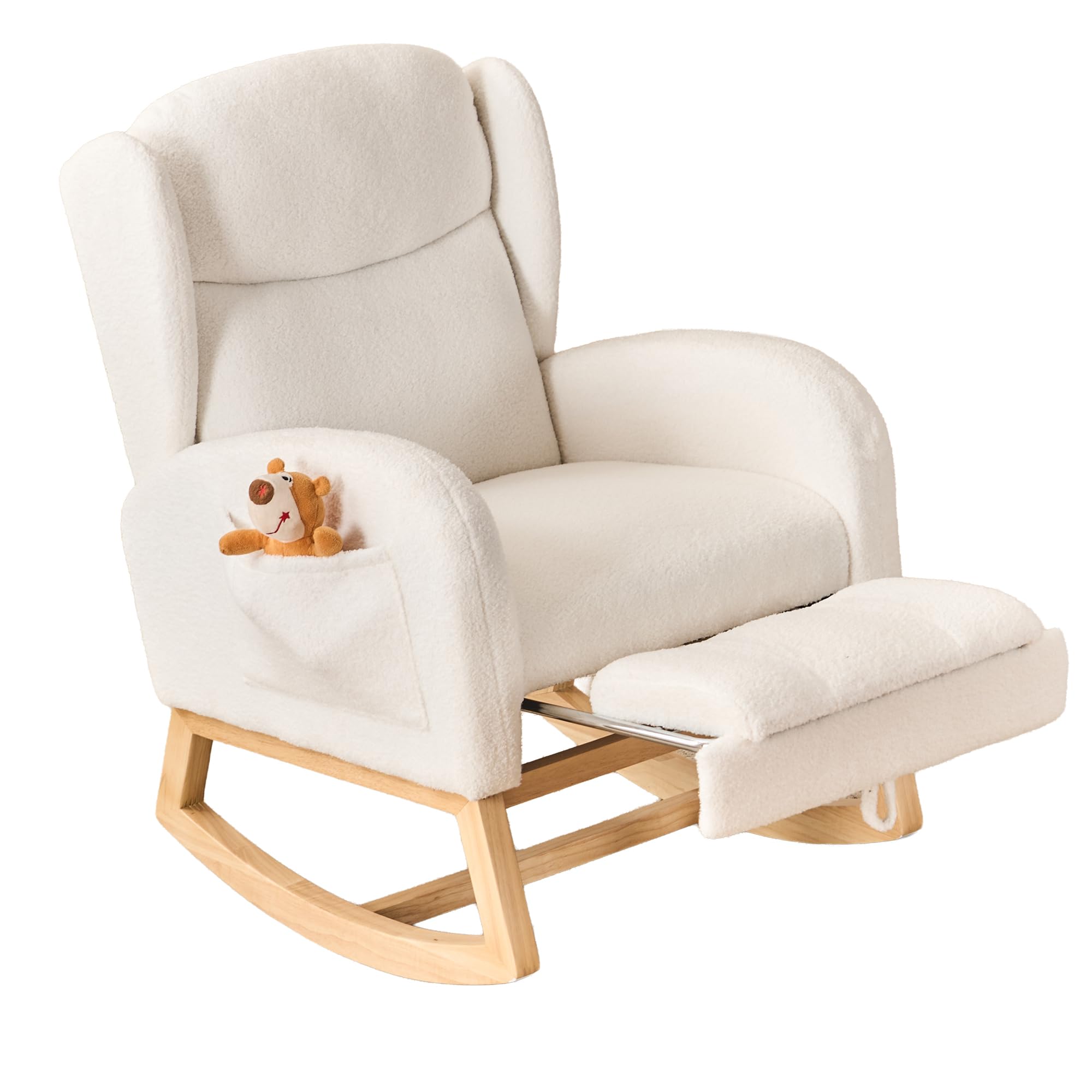 DEKKETO Fauteuil à Bascule avec Repose-Pieds - Rocking Chair Allaitement à Dossier Haut et Poche, Chaise a Bascule à Oreilles en Bouclette, pour Salon, Chambre Bebe, Blanc