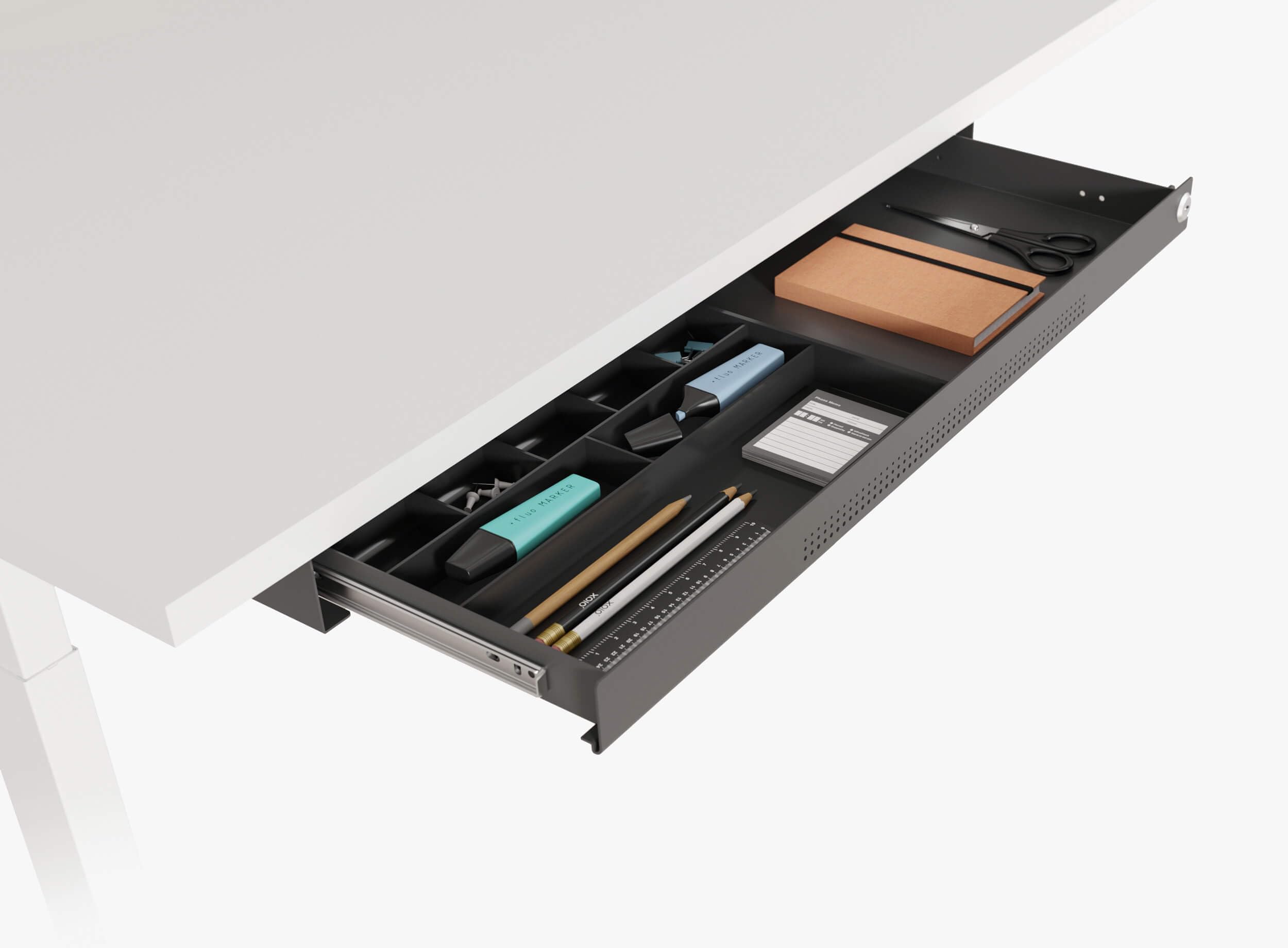 Eigentlich Unterbau-Schublade flach schwarz B:74 x L:25-45 x H:5,8 cm, Schreibtischschublade inkl. Sortierfächer, Materialschublade abschließbar für Schreibtische