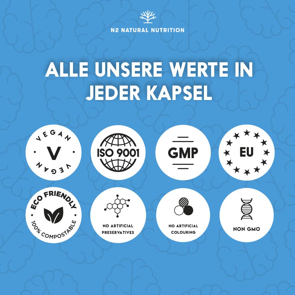 Nootropic - Ginko Biloba für Konzentration. Folsäure, Reishi, Bacopa Bonnieri. Brain Booster | Koffein. Vit b12, B6 zur normalen psychologischen Funktion beitragen.60Vegan Kapseln N2 Natural Nutrition