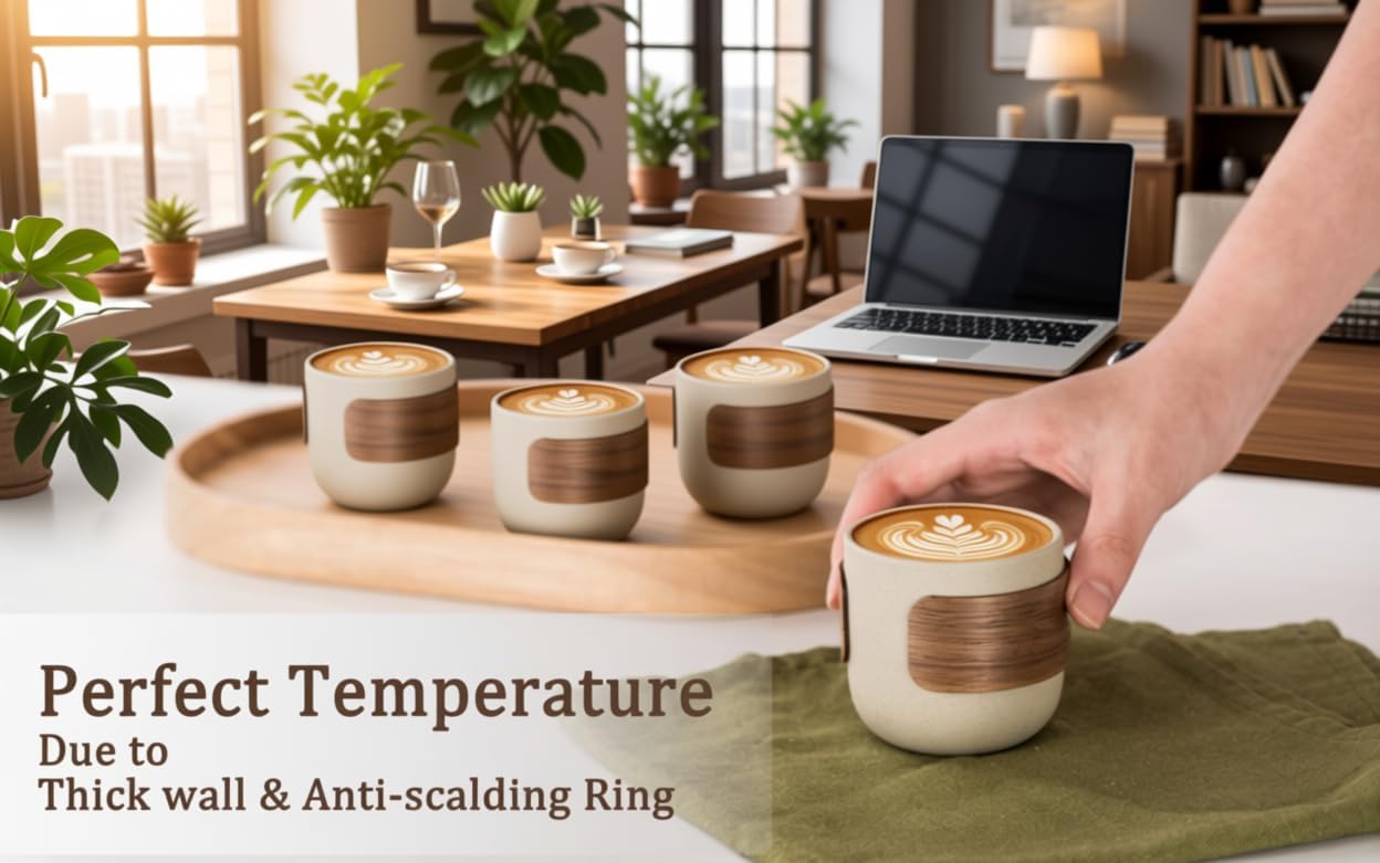 Ceramic Espresso Cups Set of 4,Double Espresso Shot Cups,4 oz Tea Cups Set of 4,Small Coffee Cups for Cappuccino,Latte,Perfect for Espresso Machine and Coffee Maker (Natural Beige, S+Cup Ring)