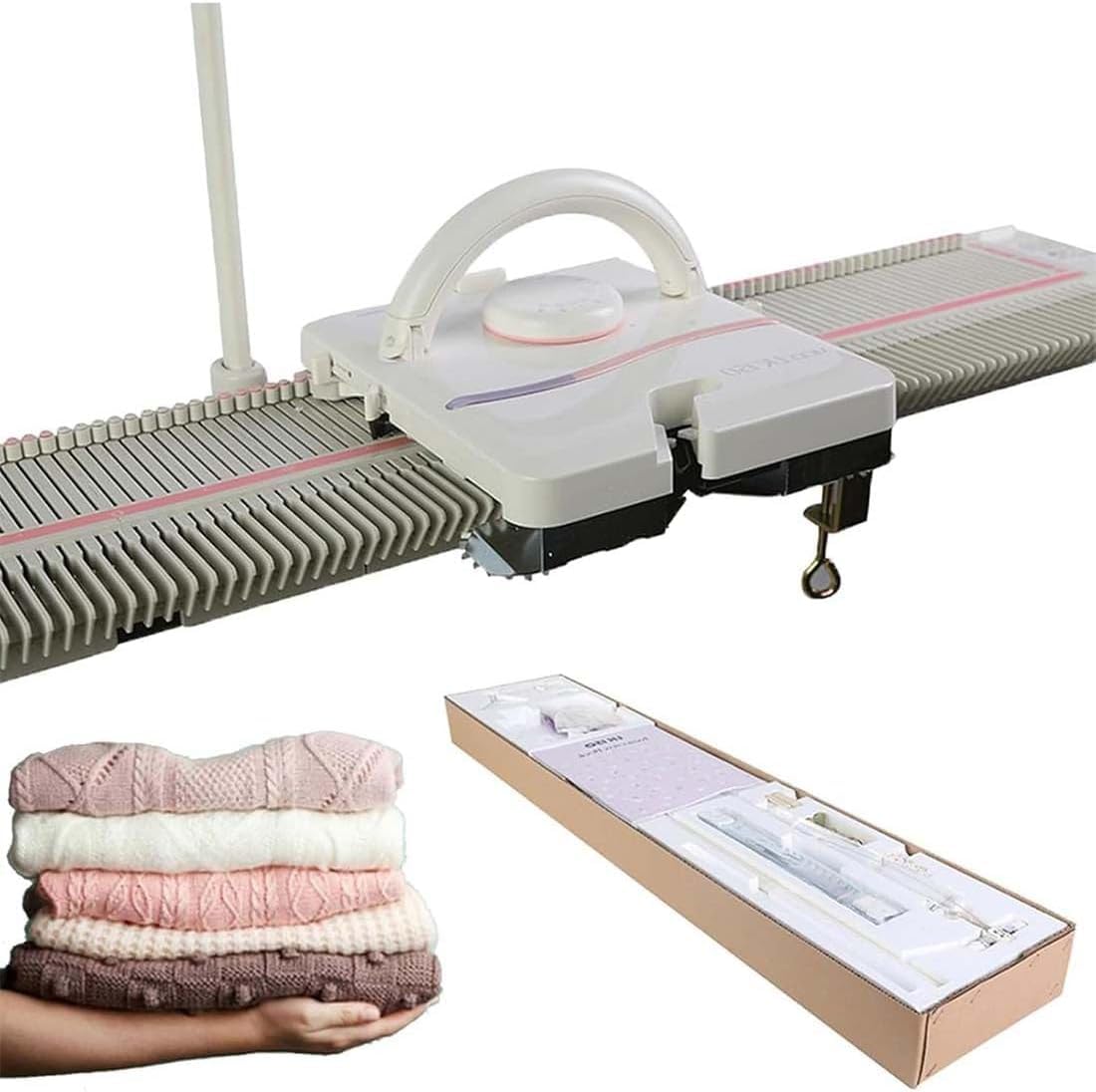 Máquina De Tejer Calibre Medio 6,5 mm 150 Puntadas,Portátil y Eficiente en Plástico con Accesorios Completos,para Fabricar Suéteres,Calcetines,Sombreros y Bufandas en Casa