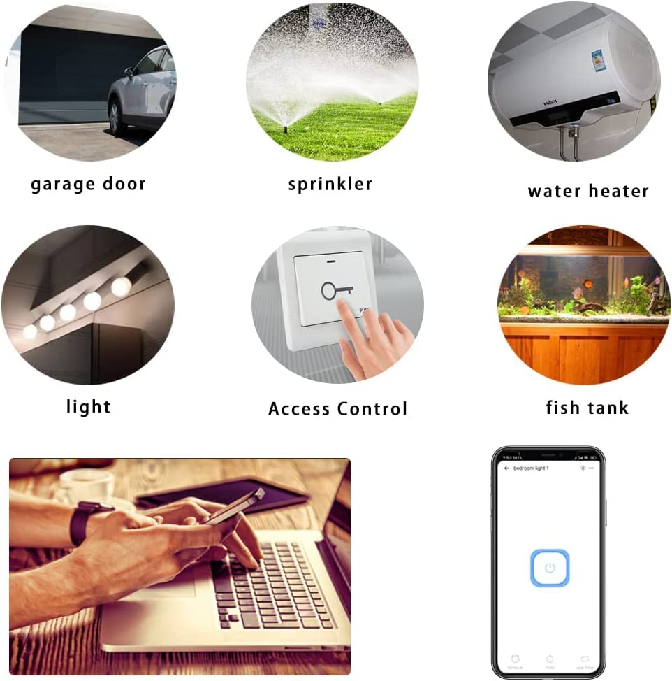Various applications of the smart relay module including garage door, sprinkler, water heater, light, access control, and fish tank.