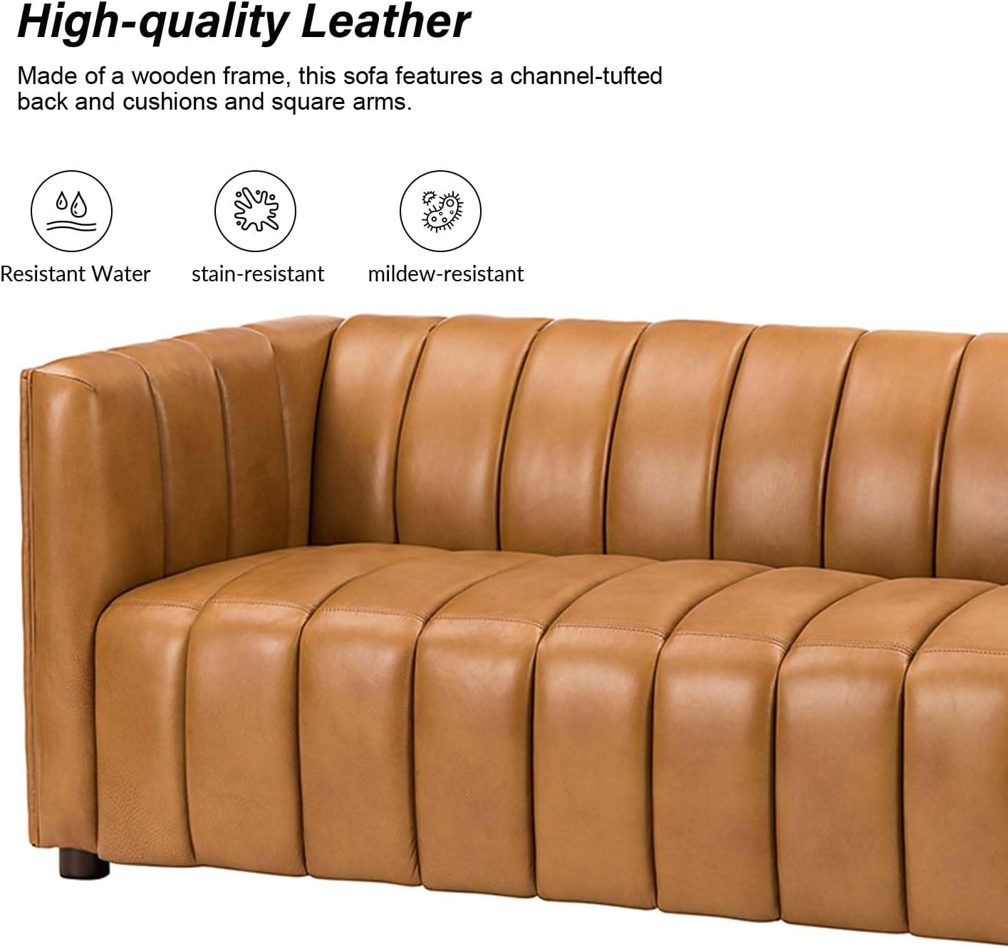 83" Genuine Leather Sofa, Modern 3-Seater Sofa with Wood Legs, Oversized Couch for Living Room Bedroom, Channel Tufted Design, Camel