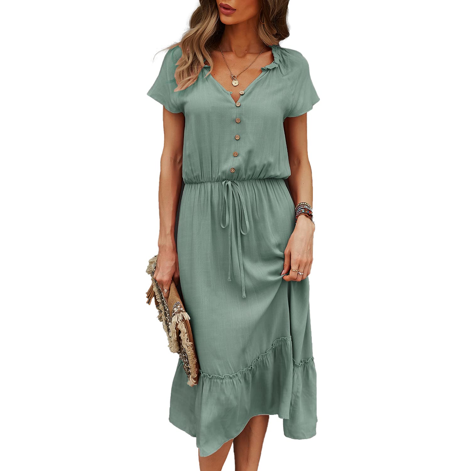 BROVAVE Women's Summer Casual Solid Short Sleeve Vintage Midi Dress Shirt Dress