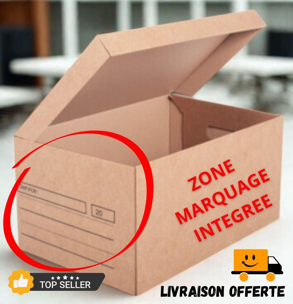 Générique Lot de 5 Boîtes Carton Couvercle Rabat Intégré | 52x35x25CM | Caisse de Rangement et Classement Archives - Stockage | Poignées de Transport | 100% Recyclé | Marquage Imprimé |