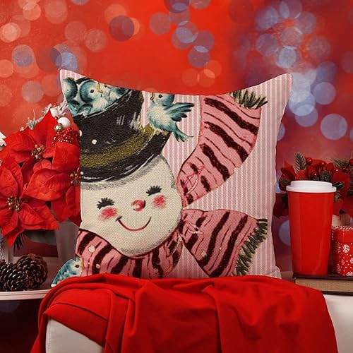Pink Stripe Christmas Pillow Covers 18X18 Set Of 4 Snowman Santa Claus Throw Pillow Cases Hello Winter Holiday Outdoor Cushion Covers For Sofa Farmhouse Christmas Decorations #TOP2