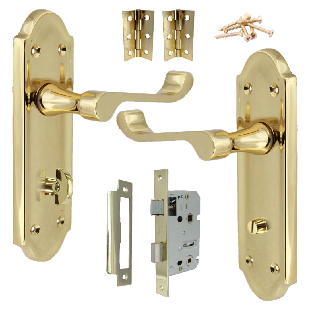 Ashford Brass Door Handle Set - Latch Lock for Bathroom, WC, Toilet - Mortice 3 Lever Lock With 3" Hinges, 168mm x 47mm Backplate for Interior Wooden Doors