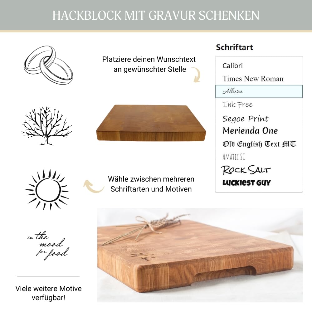 HOFMEISTER® Hackblock Stirnholz personalisierte Gravur - Butcherblock, Schneidebrett, geöltes Eichenholz - individuelles Geschenk, Geburtstag, Jubiläum, Hochzeit, Servierbrett - aus Eiche, 40 cm