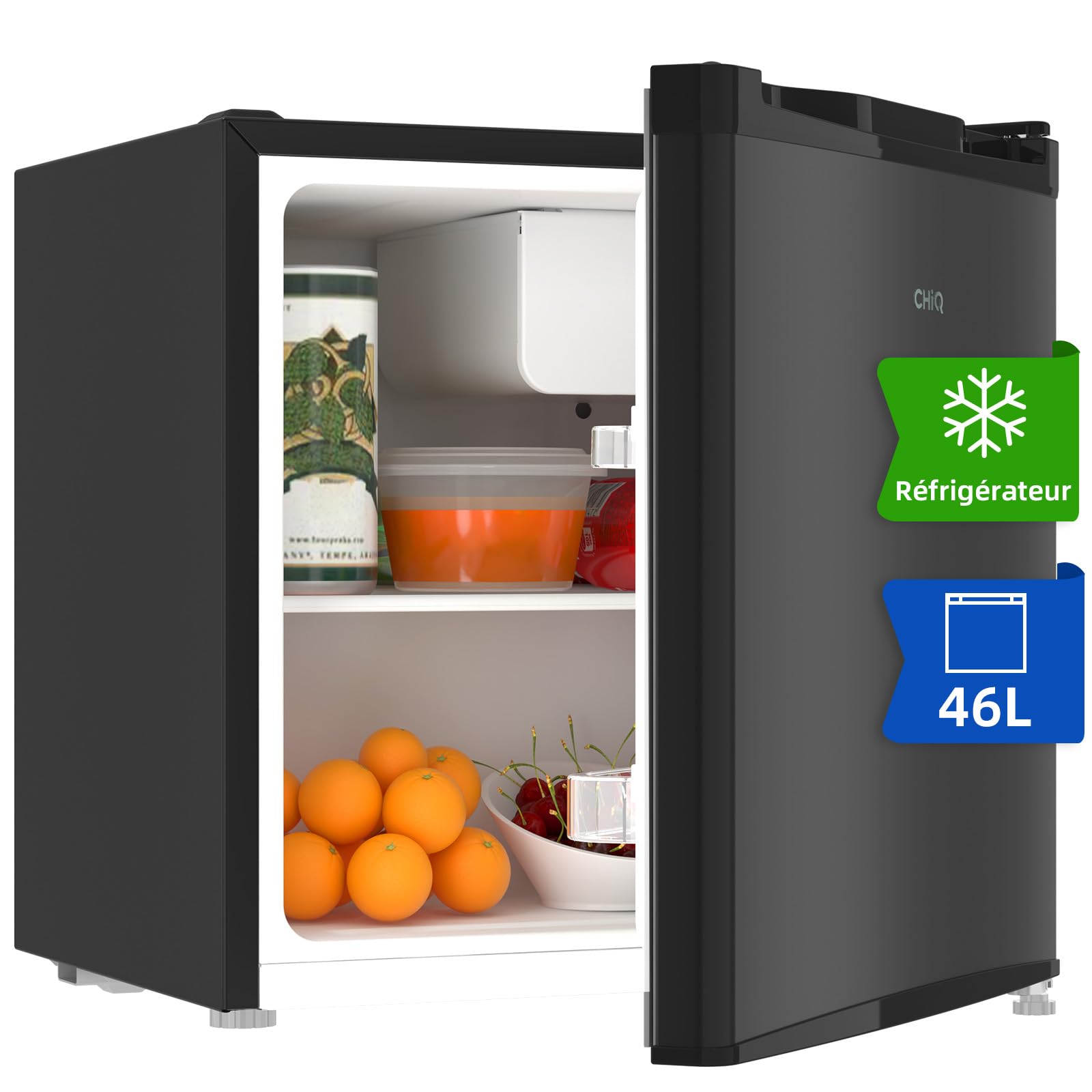 CHIQ CSD46D4E Mini Réfrigérateur 46L, 47x44,​7 cm, Compact et Silencieux, Porte-​bouteilles intégré, Thermostat réglable, Design moderne Noir, Idéal Chambre, Bureau, Cuisine, Salon