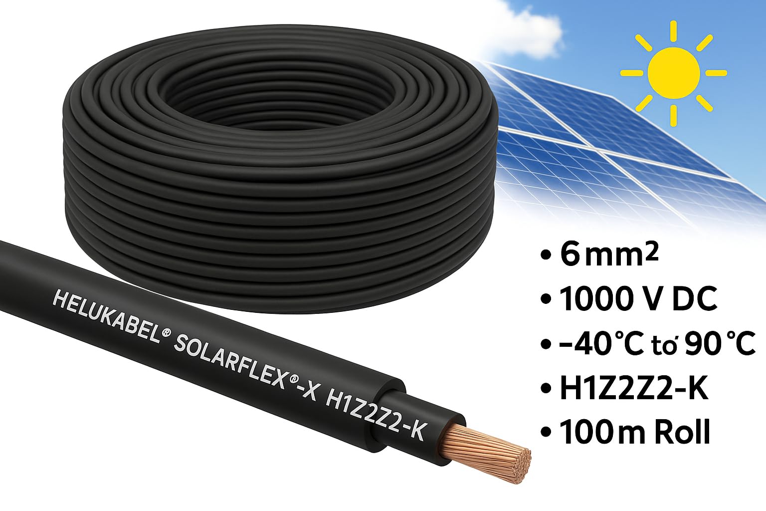 Helukabel Solarkabel, Photovoltaikkabel, SCHWARZ, 6mm², 100m, SOLARFLEX®-X H1Z2Z2-K, PV Kabel, UV-beständig, flexibel
