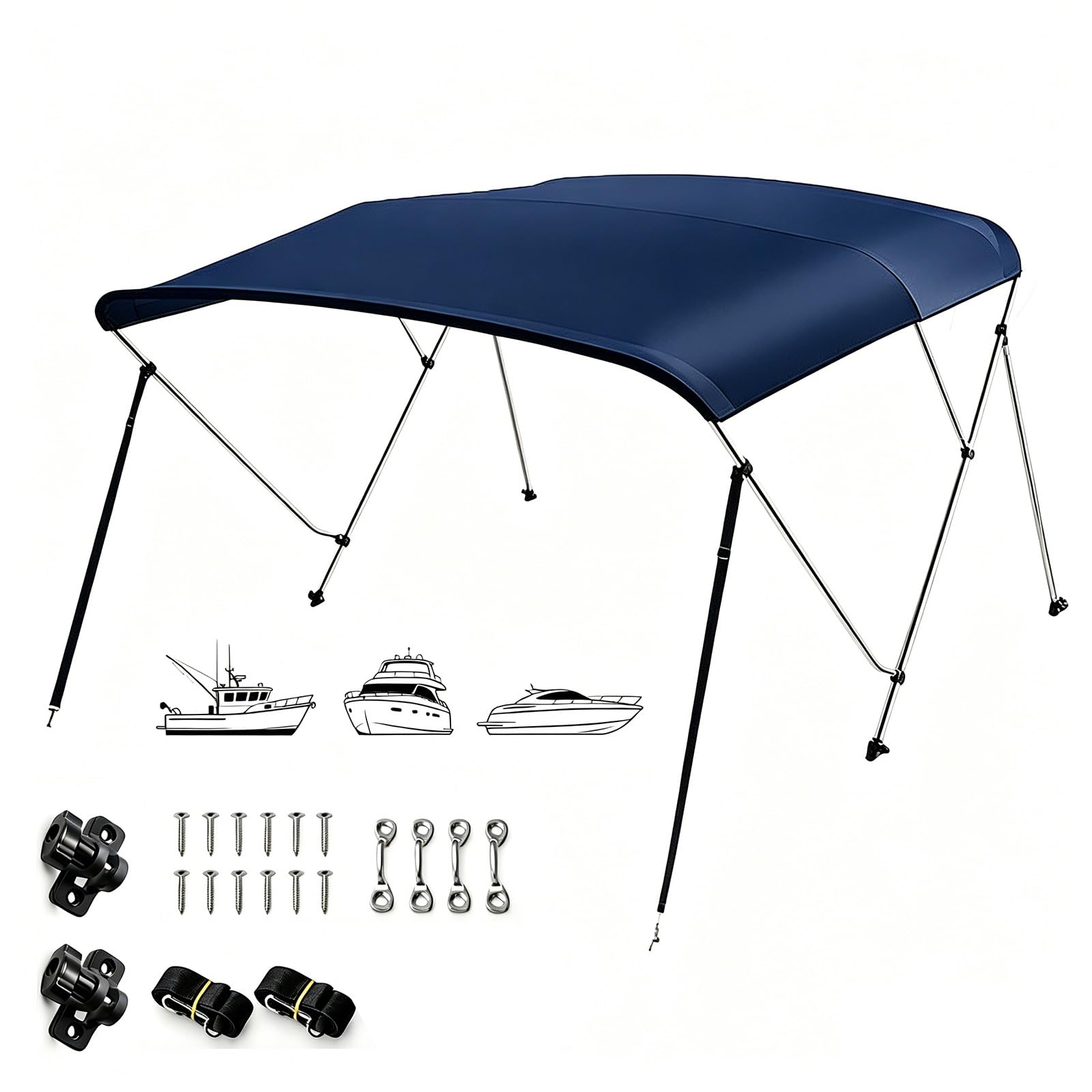 Tendalino Bimini a 3 Archi per Barca, Tessuto Oxford 650D Impermeabile con Protezione UPF50+, Copertura Barche con Struttura in Alluminio per Pesca, Pontone