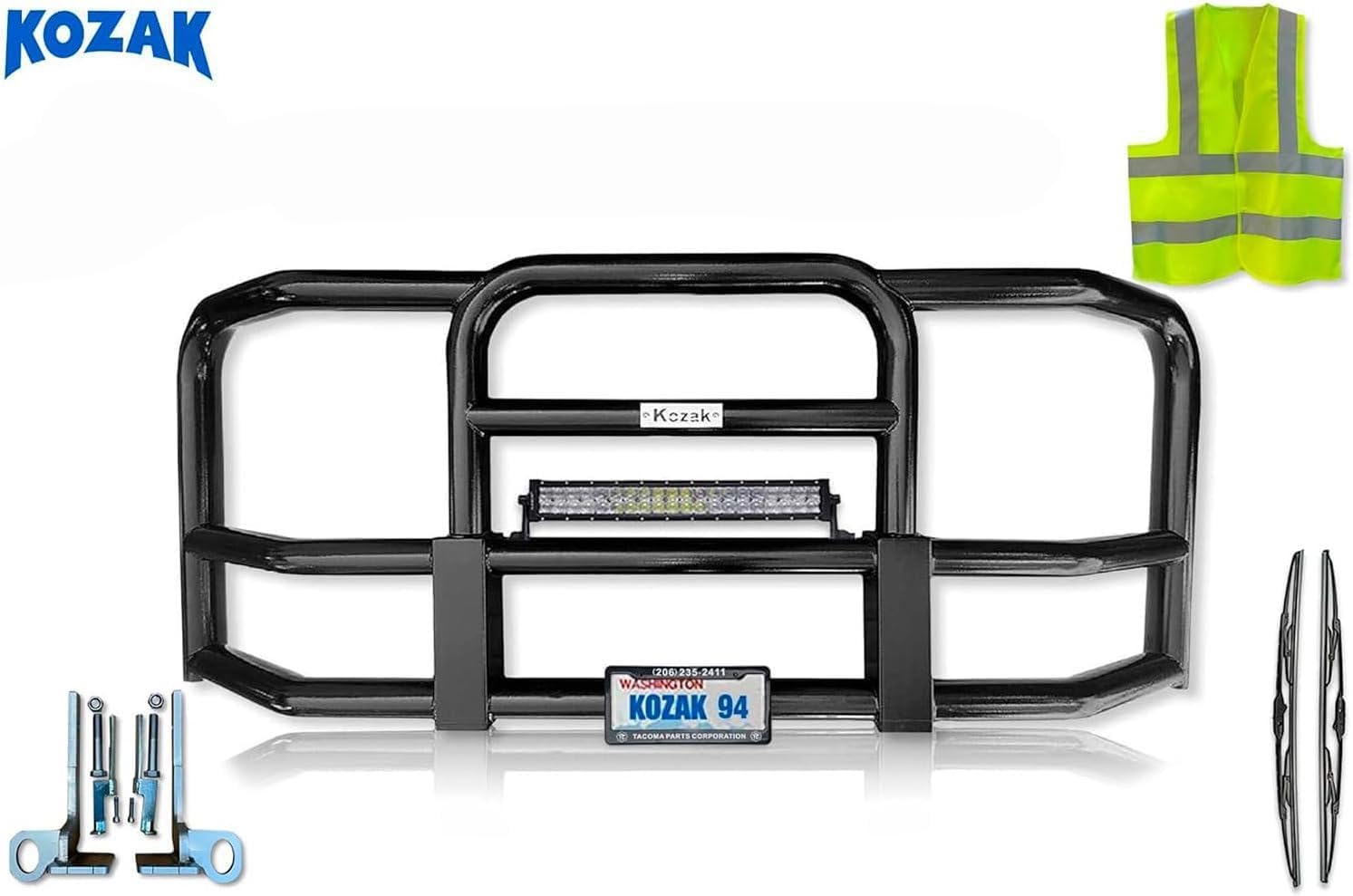 Black Full Front Bumper Grille Deer Brush Moose Guard - Square - Compatible with Kenworth T680 2011-2020 Plus 22" LED Bar, License Plate Holder and Frame, Bracket, Logo, Wipers, Vest