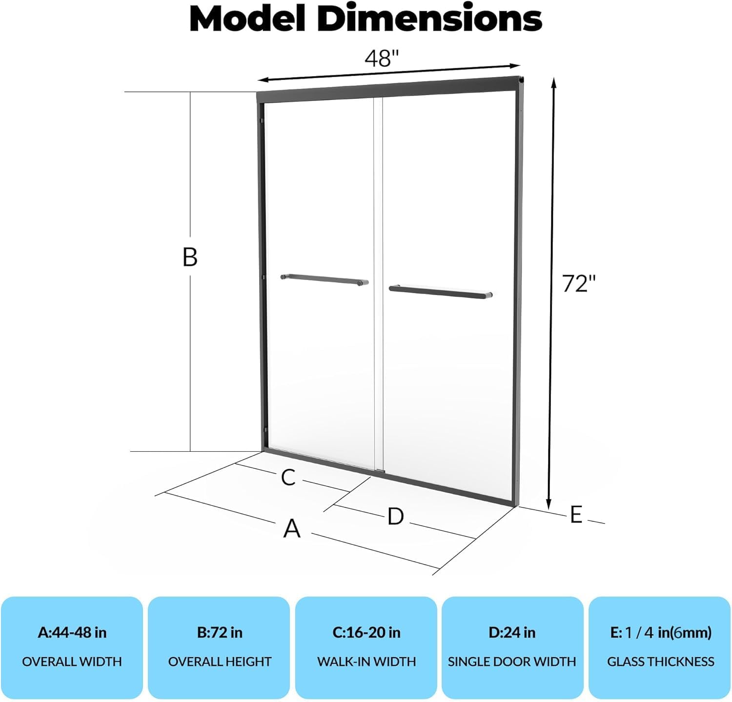 Shower Door, Frameless Shower Door 44-48" W x 72" H, Double Sliding Glass with 1/4'' (6mm) Clear Tempered Glass for Bathroom